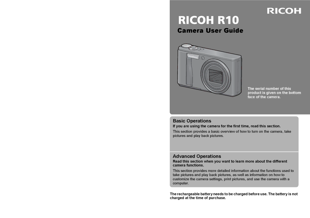 Ricoh R10 manual Basic Operations, Advanced Operations 