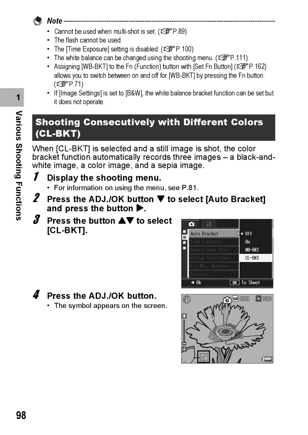 Ricoh R10 manual Shooting Consecutively with Different Colors CL-BKT 