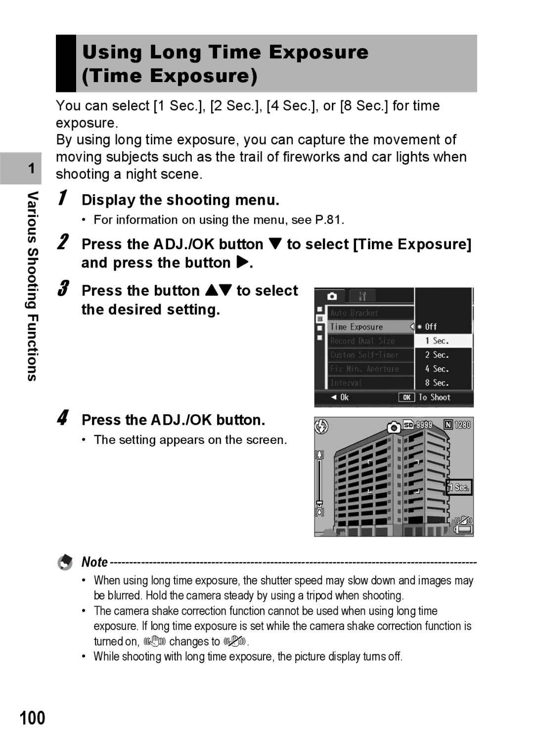Ricoh R10 manual Using Long Time Exposure Time Exposure, 100 