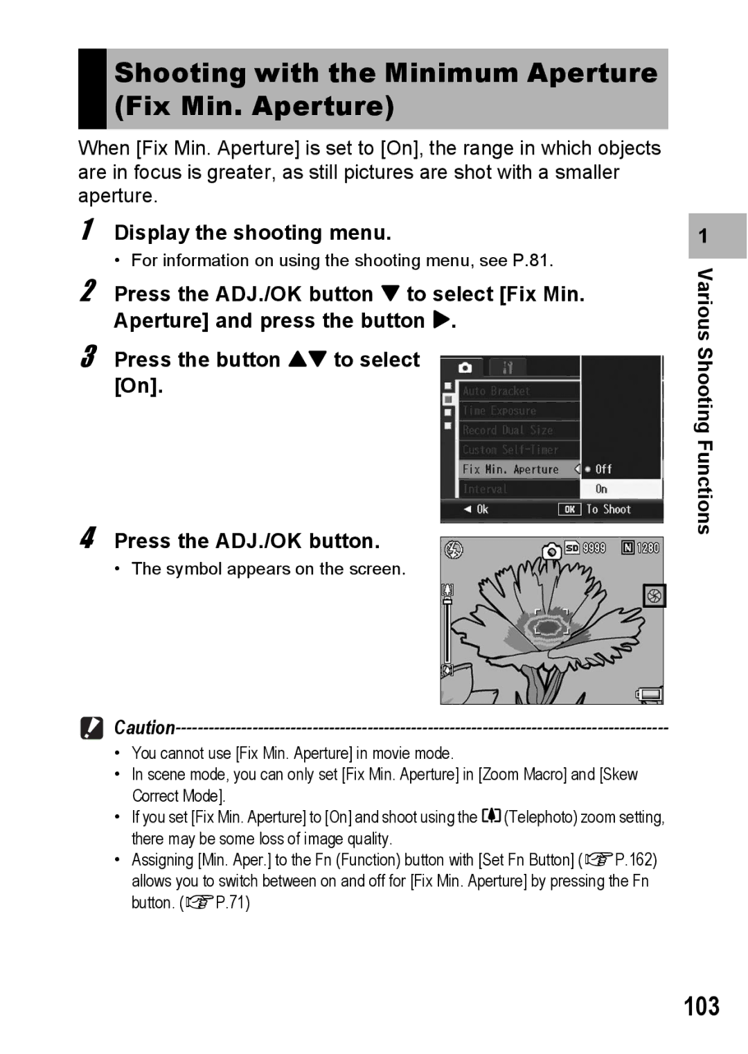 Ricoh R10 manual Shooting with the Minimum Aperture Fix Min. Aperture, 103 