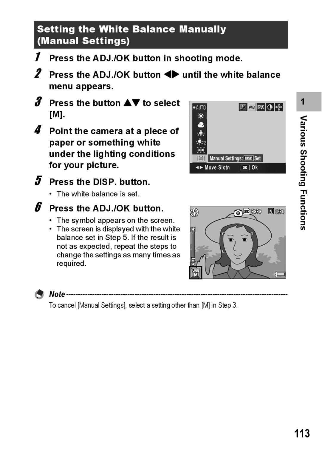 Ricoh R10 manual 113, Setting the White Balance Manually Manual Settings, Various Shooting Press the ADJ./OK button 