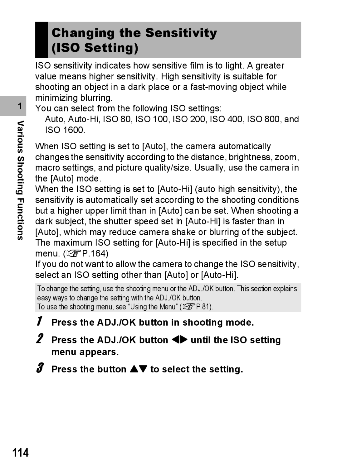 Ricoh R10 manual Changing the Sensitivity ISO Setting, 114 