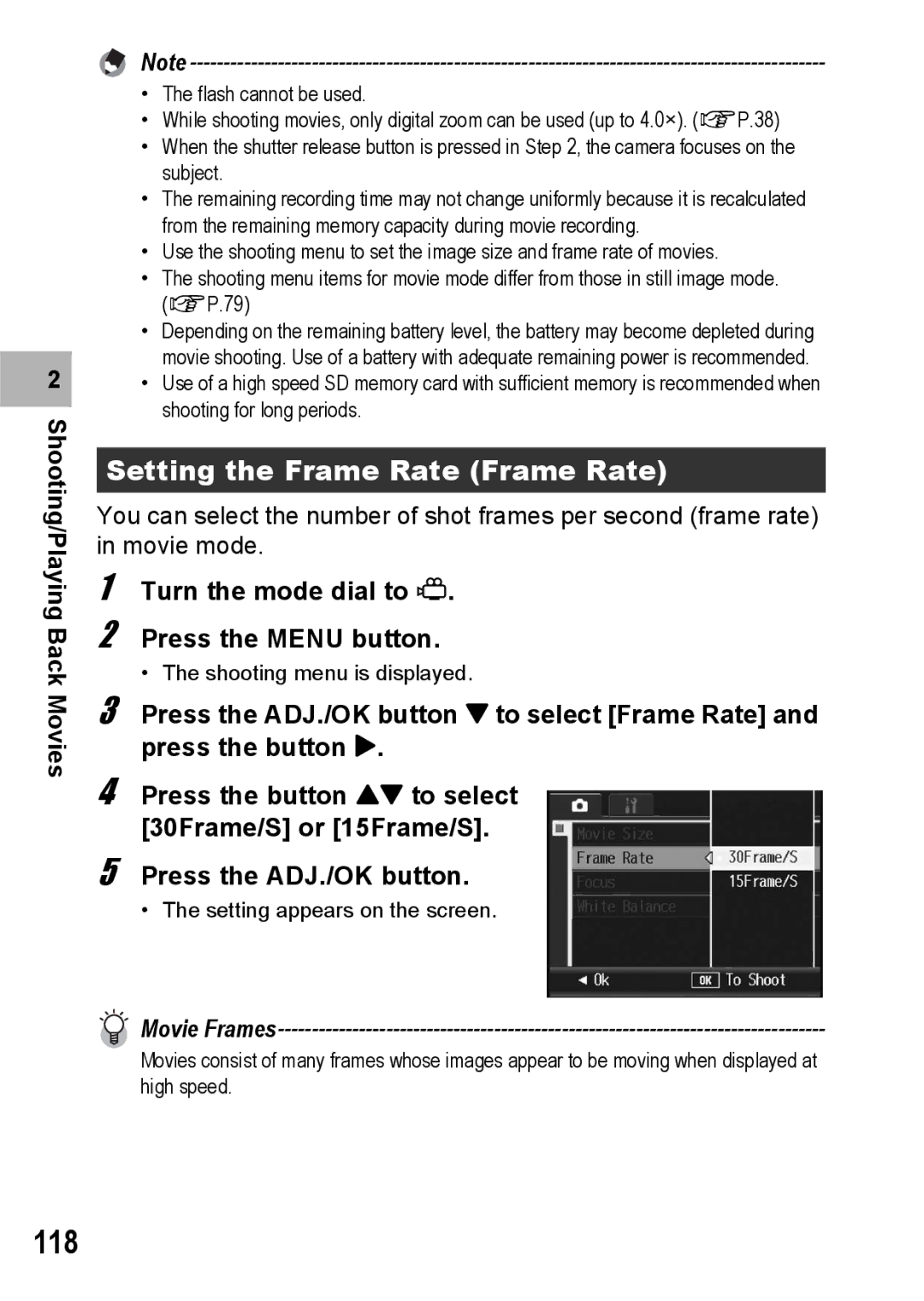 Ricoh R10 manual 118, Setting the Frame Rate Frame Rate, Turn the mode dial to Press the Menu button 