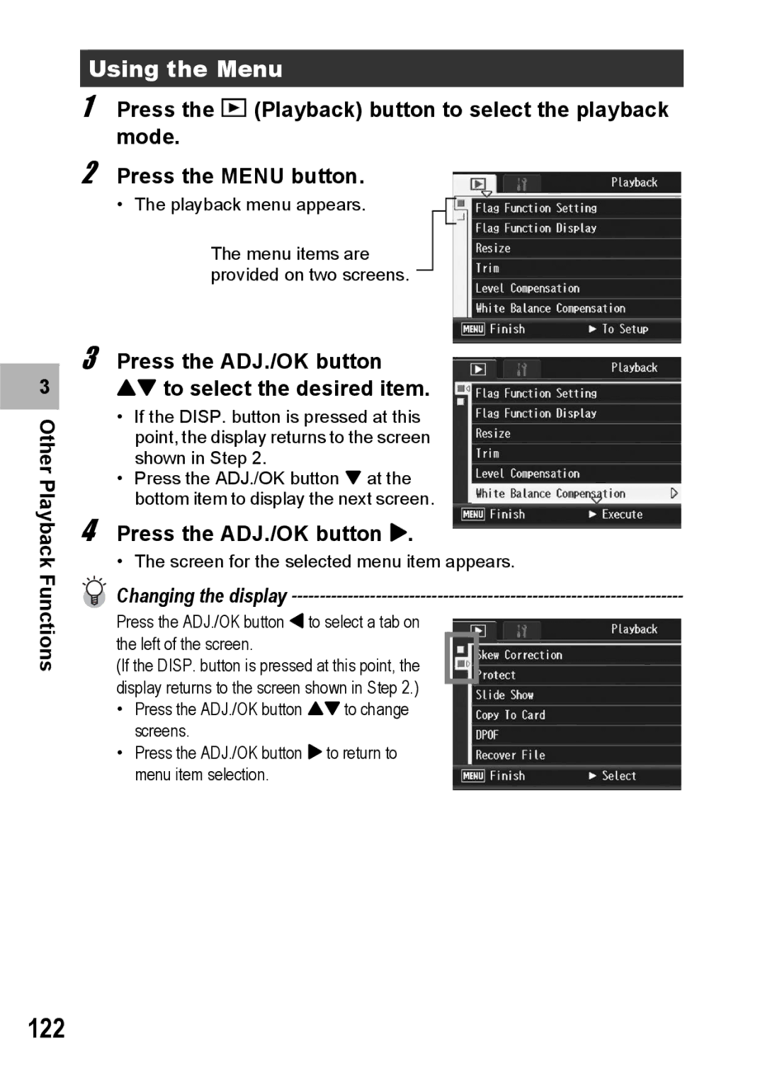 Ricoh R10 manual 122, Press the ADJ./OK button ! to select the desired item 