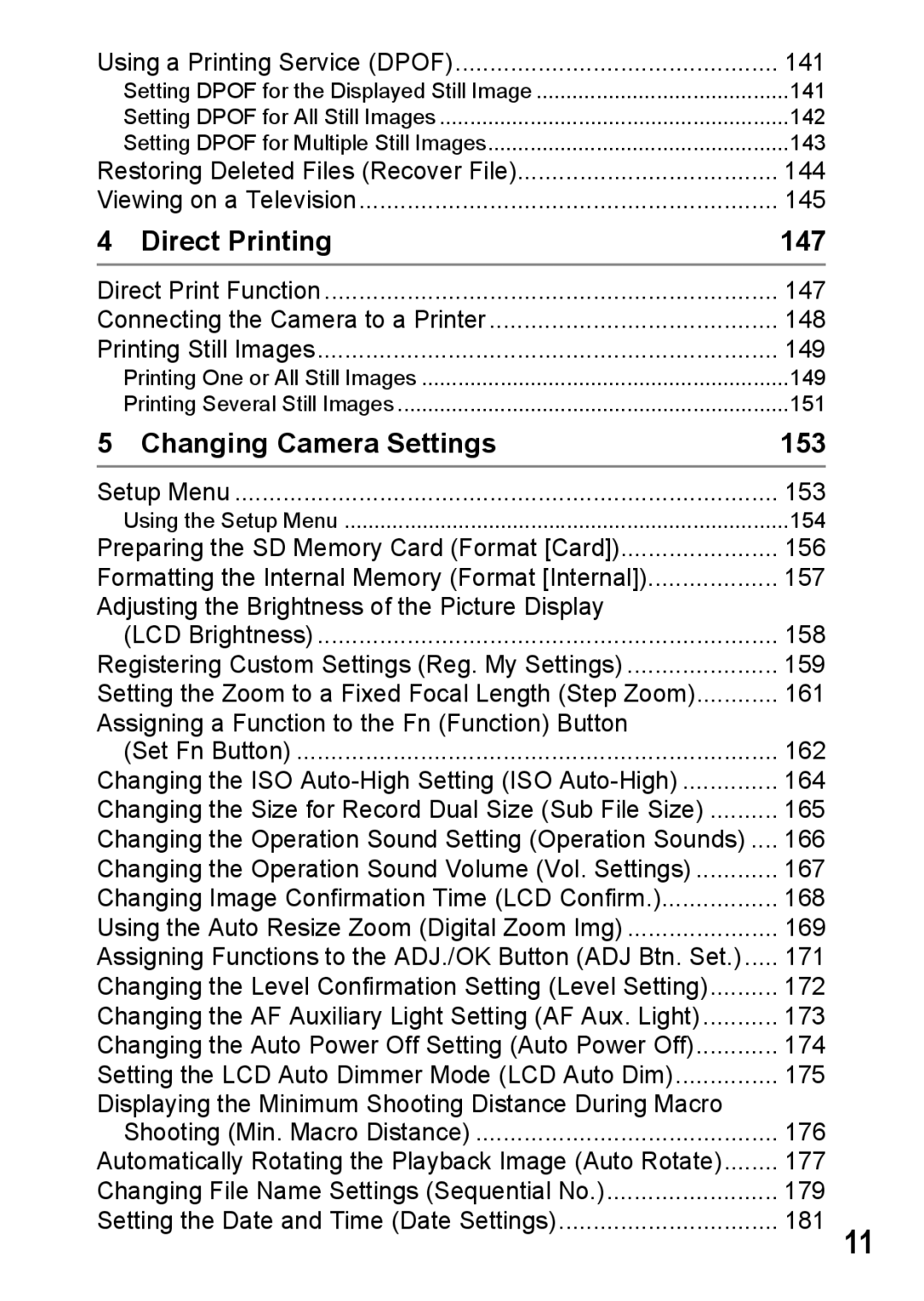 Ricoh R10 manual Direct Printing, Changing Camera Settings, 147, 153 