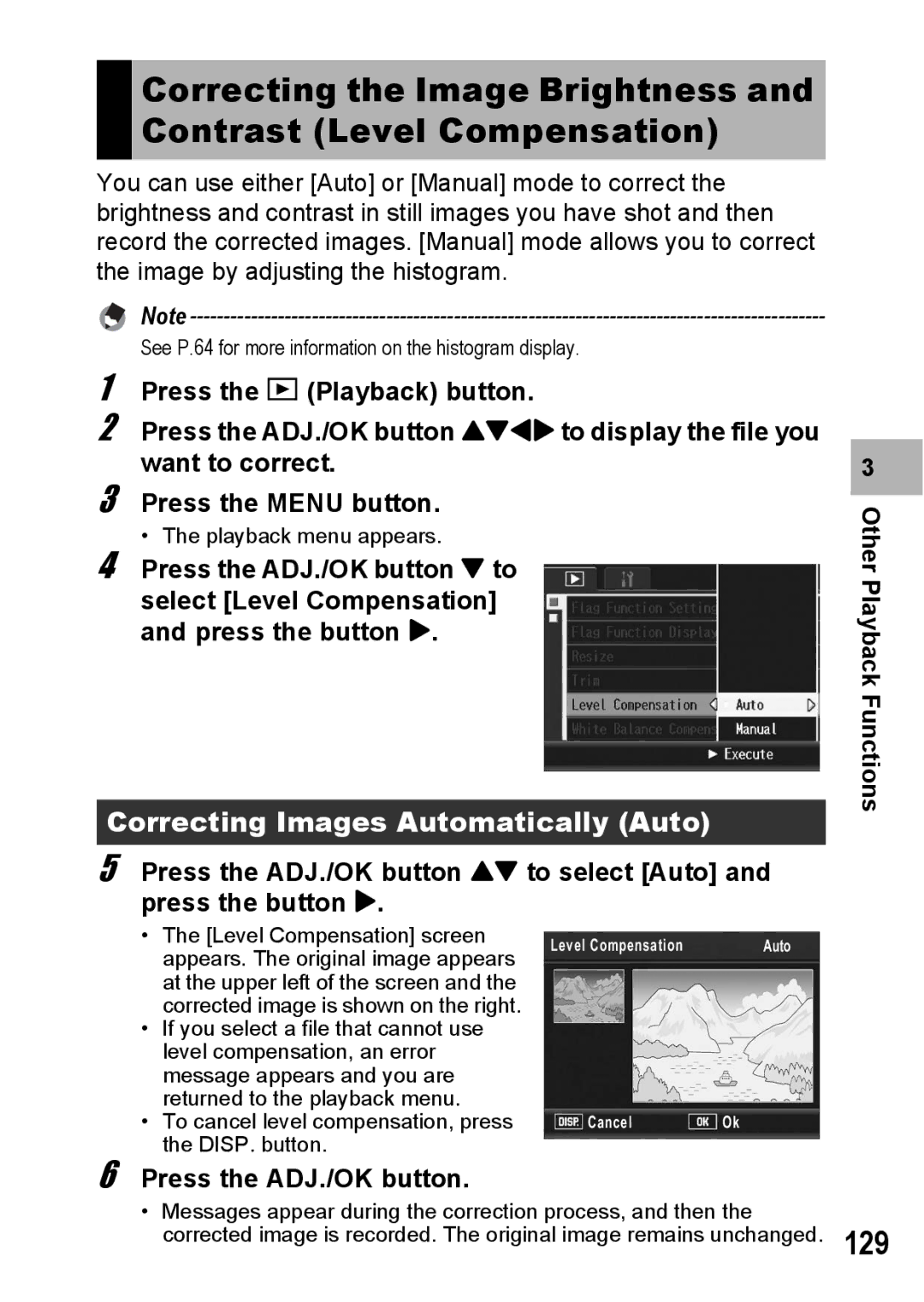 Ricoh R10 manual Correcting Images Automatically Auto, Press the ADJ./OK button 