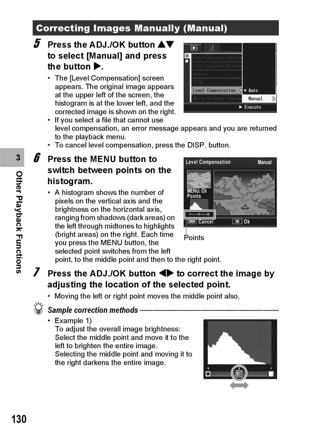 Ricoh R10 manual 130, Correcting Images Manually Manual, Press the Menu button to, Switch between points on Histogram 