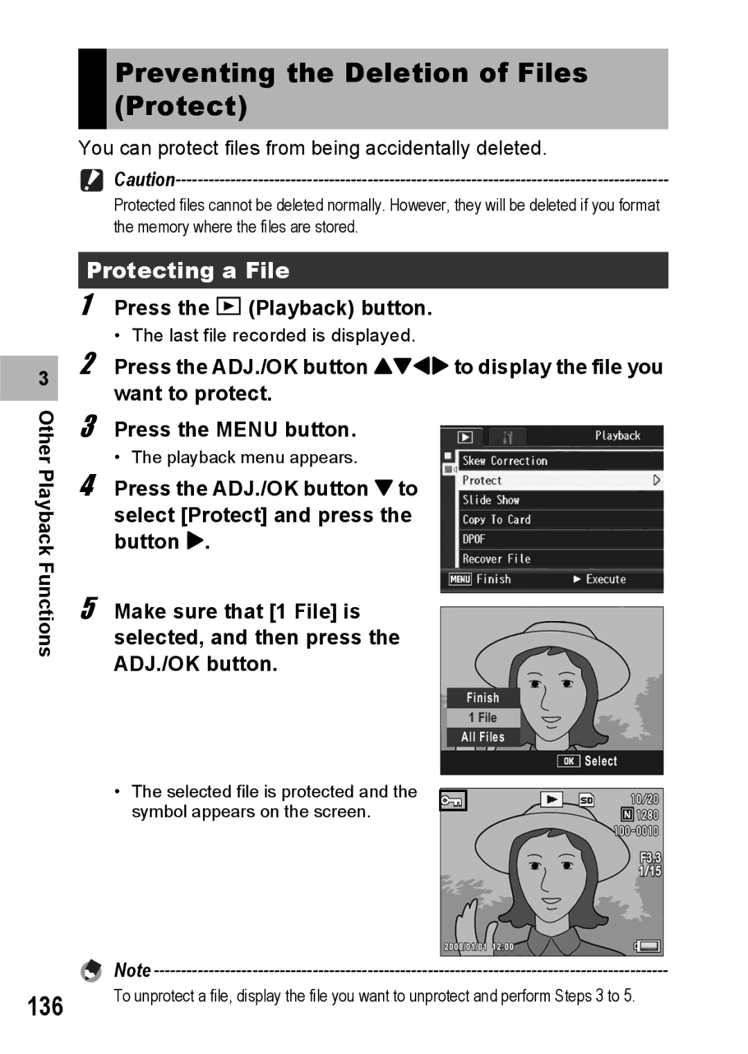 Ricoh R10 manual Preventing the Deletion of Files Protect, Protecting a File 