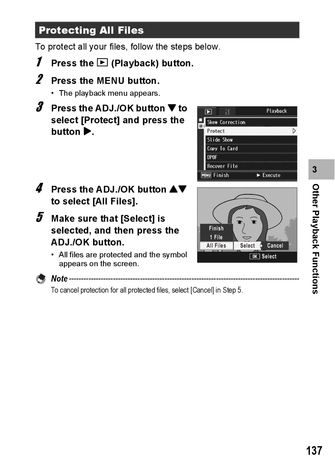 Ricoh R10 manual 137, Protecting All Files, Press the 6 Playback button Press the Menu button 