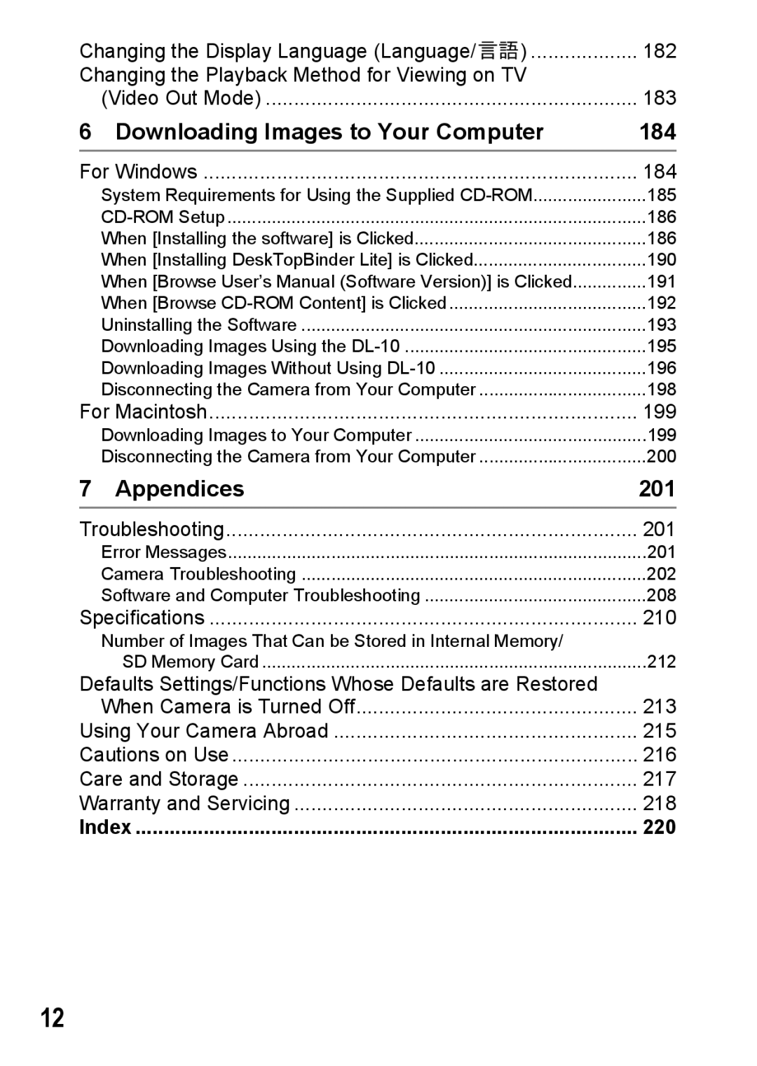 Ricoh R10 manual Downloading Images to Your Computer, Appendices, 184, 201, 220 