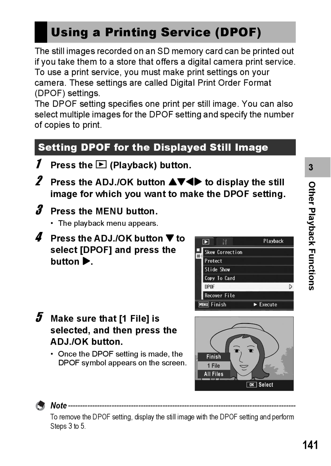 Ricoh R10 manual Using a Printing Service Dpof, 141, Setting Dpof for the Displayed Still Image 