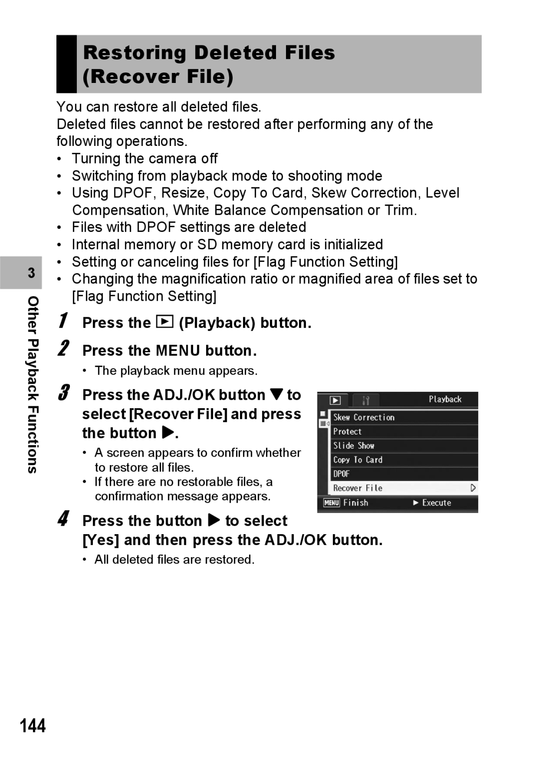 Ricoh R10 manual Restoring Deleted Files Recover File, 144 