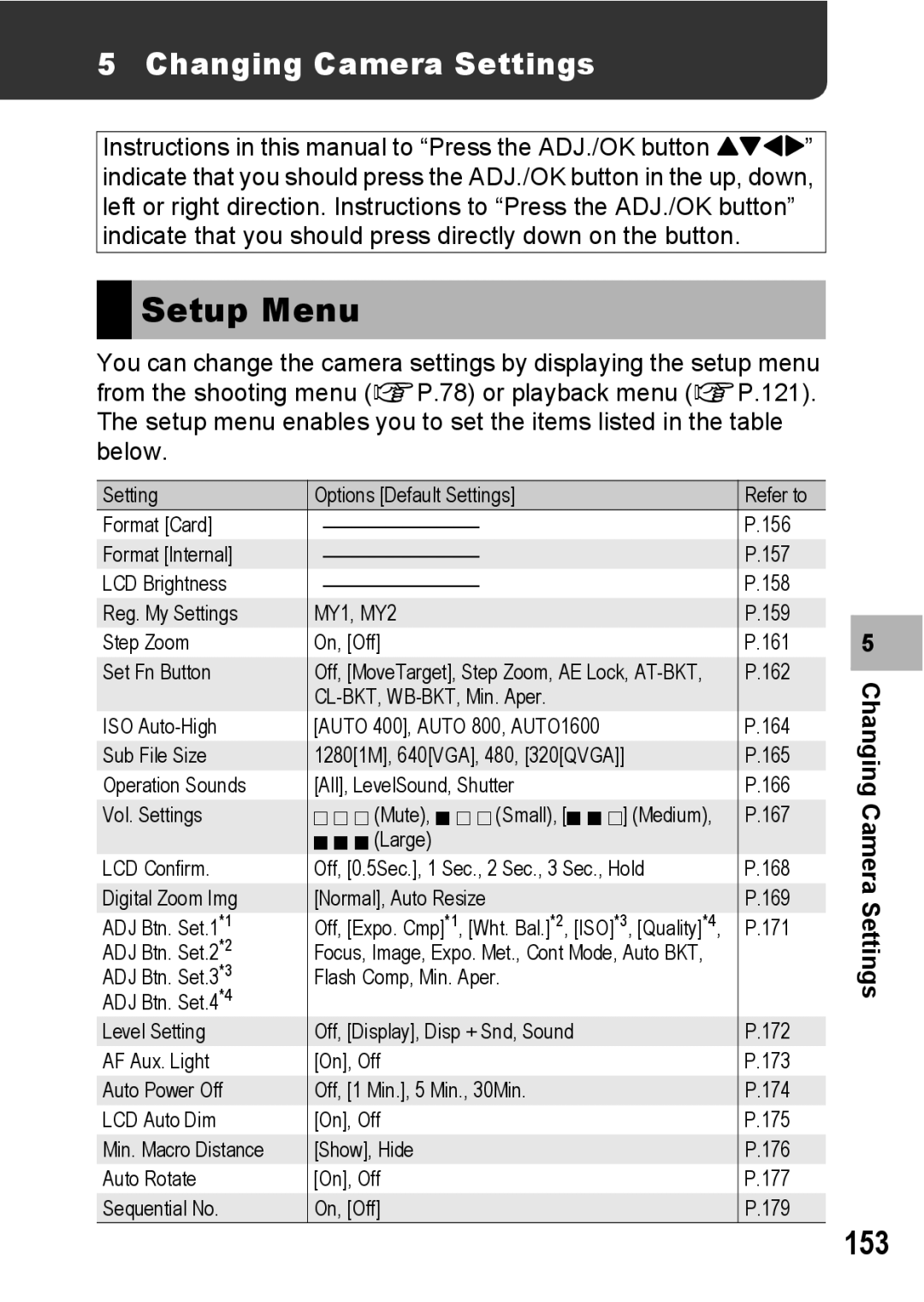 Ricoh R10 manual Setup Menu, 153, Changing Camera Settings 