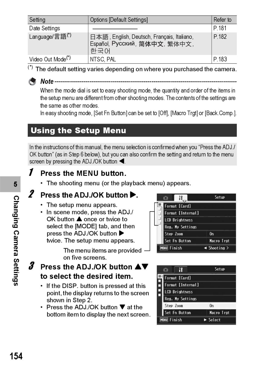 Ricoh R10 manual 154, Using the Setup Menu, Changing Camera Settings 