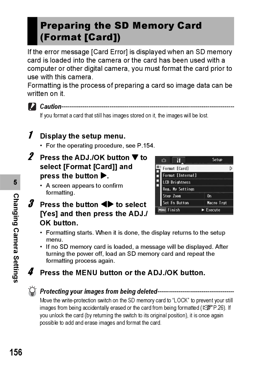 Ricoh R10 manual 156, Press the Menu button or the ADJ./OK button 