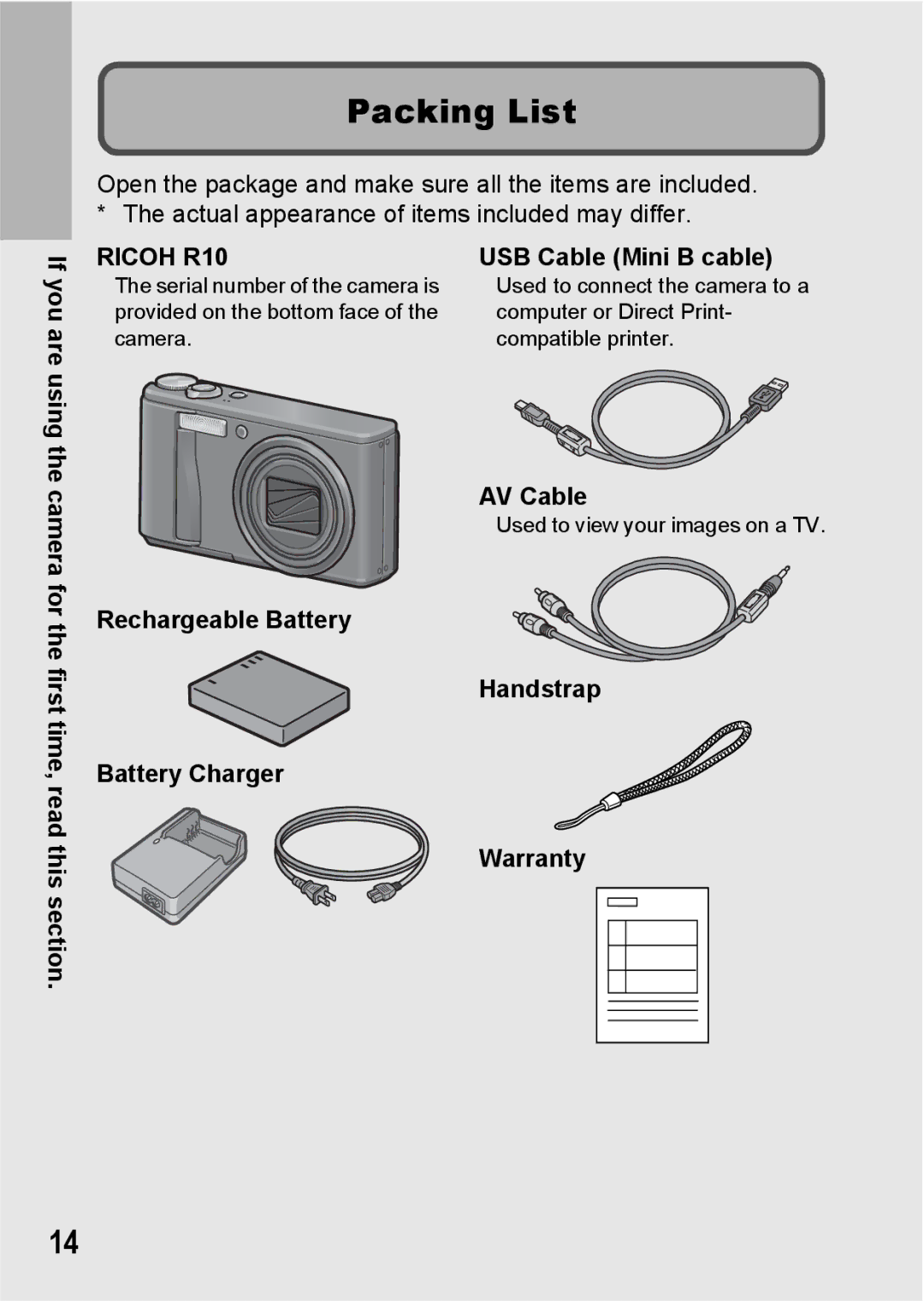 Ricoh R10 manual Packing List, USB Cable Mini B cable, AV Cable, Rechargeable Battery Handstrap Battery Charger Warranty 