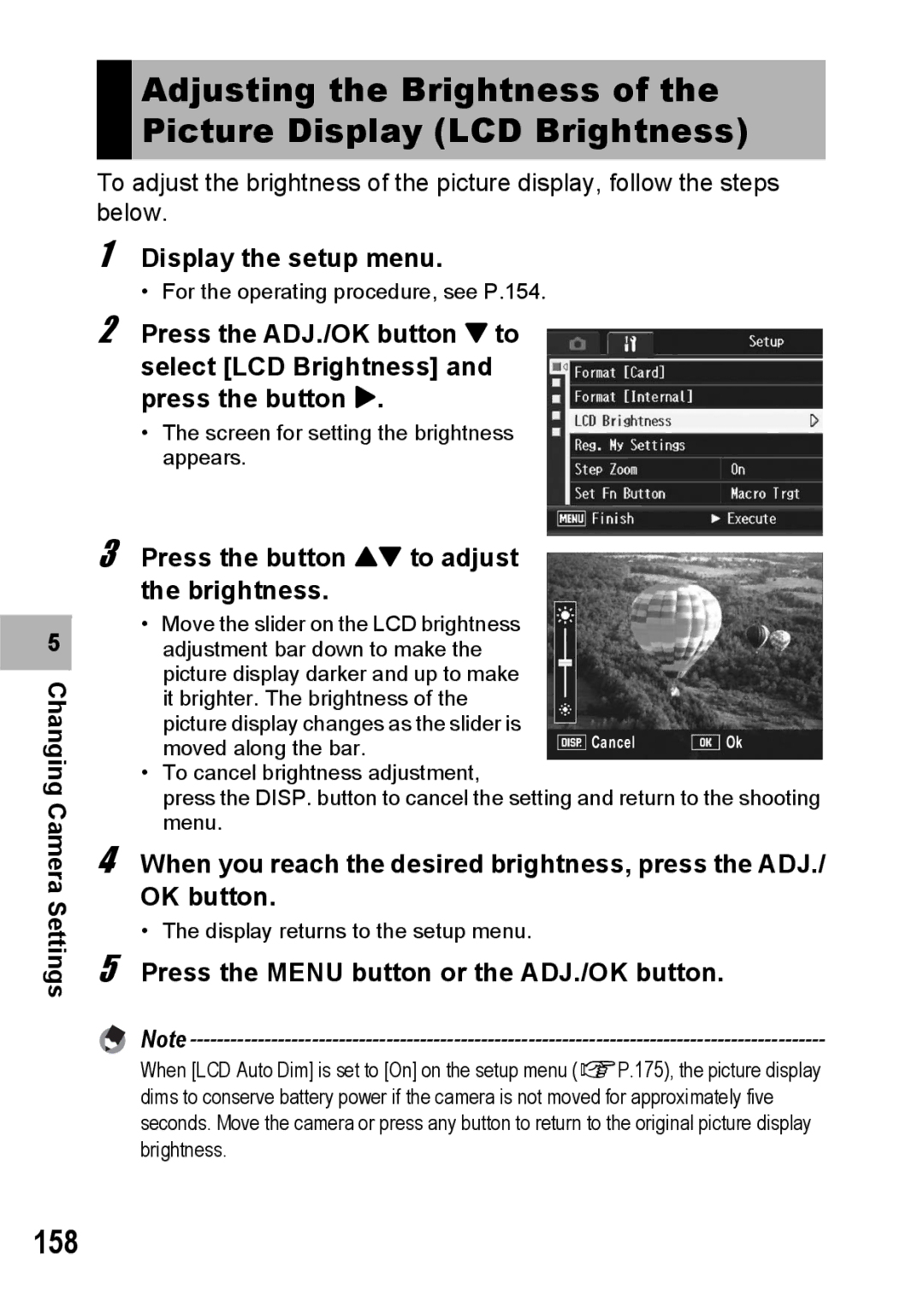 Ricoh R10 manual 158, Display the setup menu, Press the button ! to adjust the brightness 