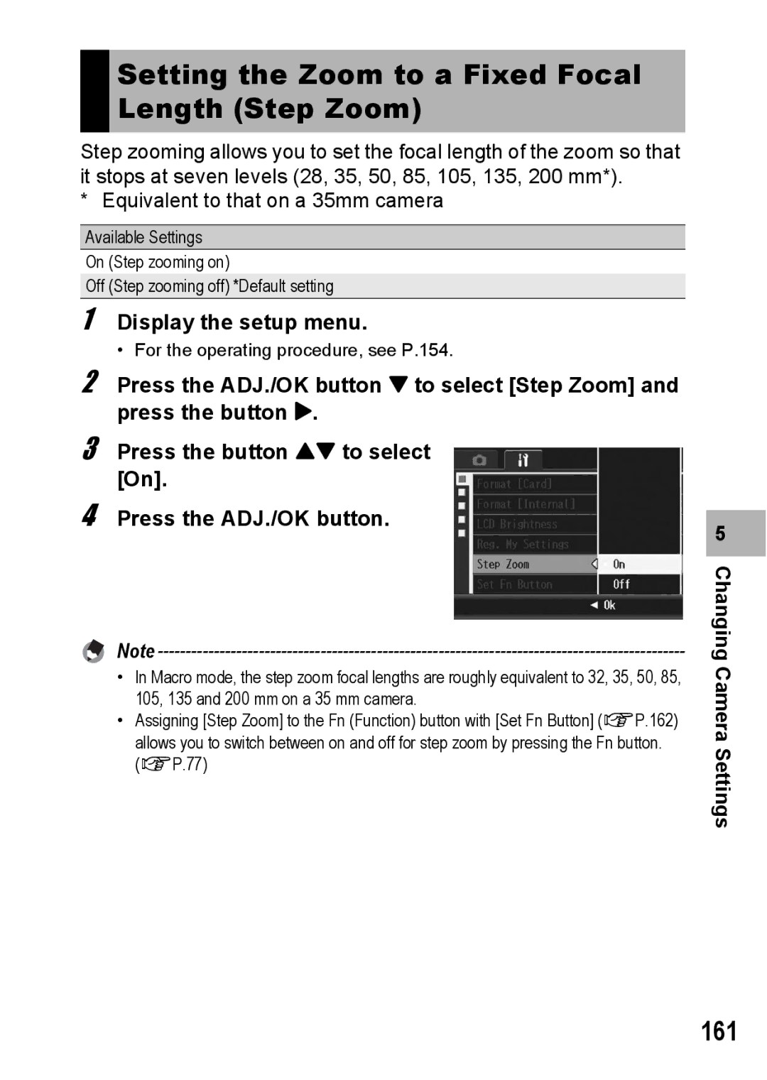 Ricoh R10 manual Setting the Zoom to a Fixed Focal Length Step Zoom, 161 