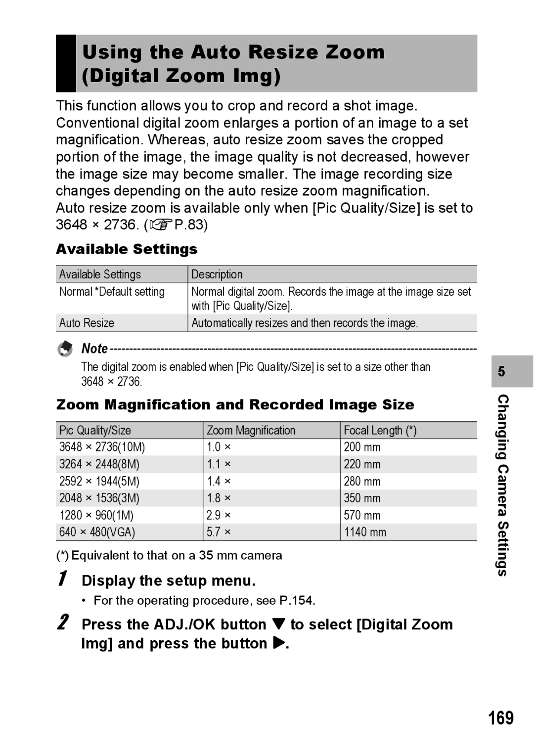 Ricoh R10 Using the Auto Resize Zoom Digital Zoom Img, 169, Available Settings, Zoom Magnification and Recorded Image Size 