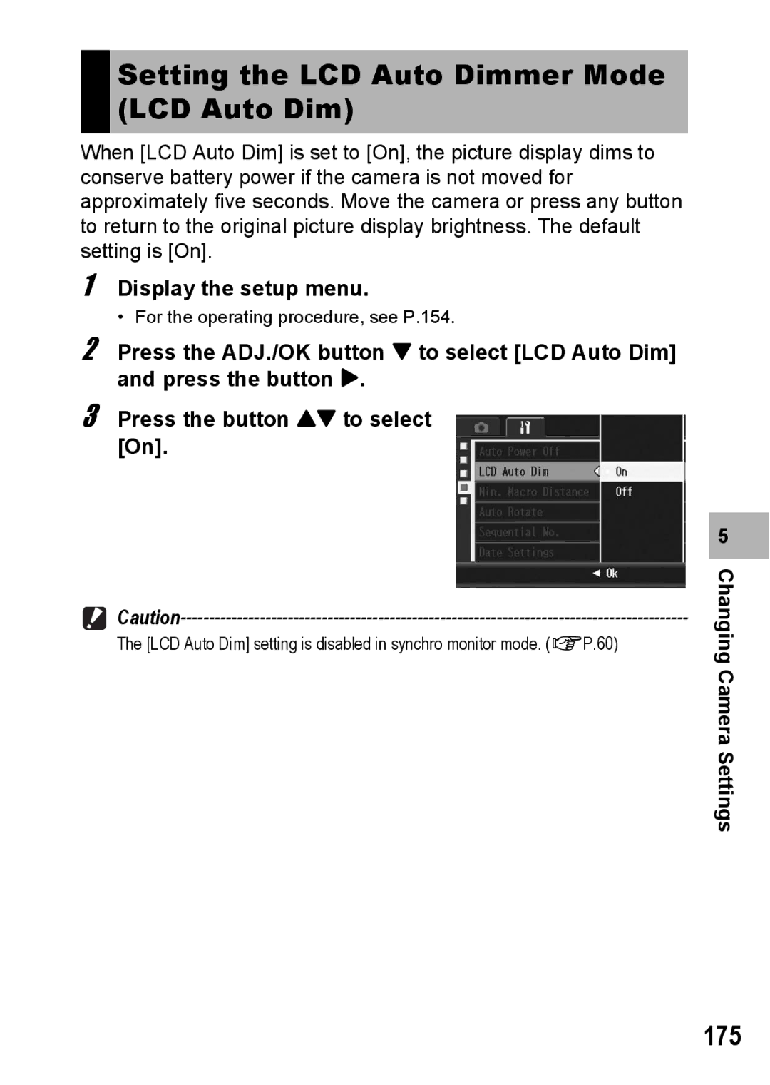 Ricoh R10 manual Setting the LCD Auto Dimmer Mode LCD Auto Dim, 175 