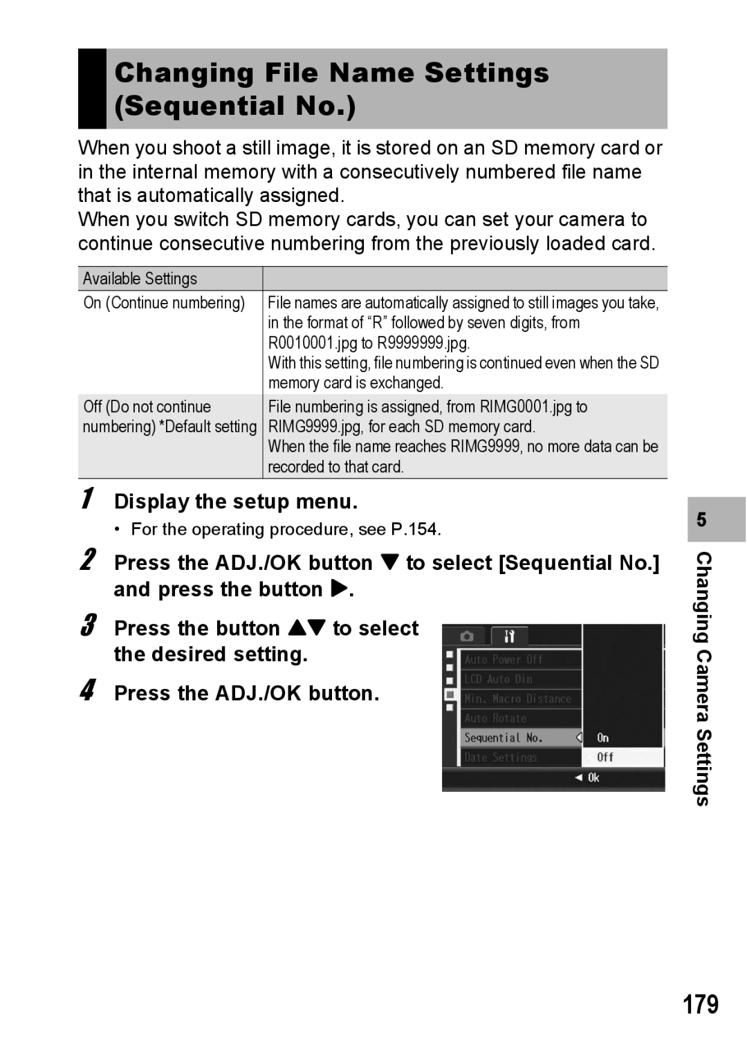 Ricoh R10 manual Changing File Name Settings Sequential No, 179 