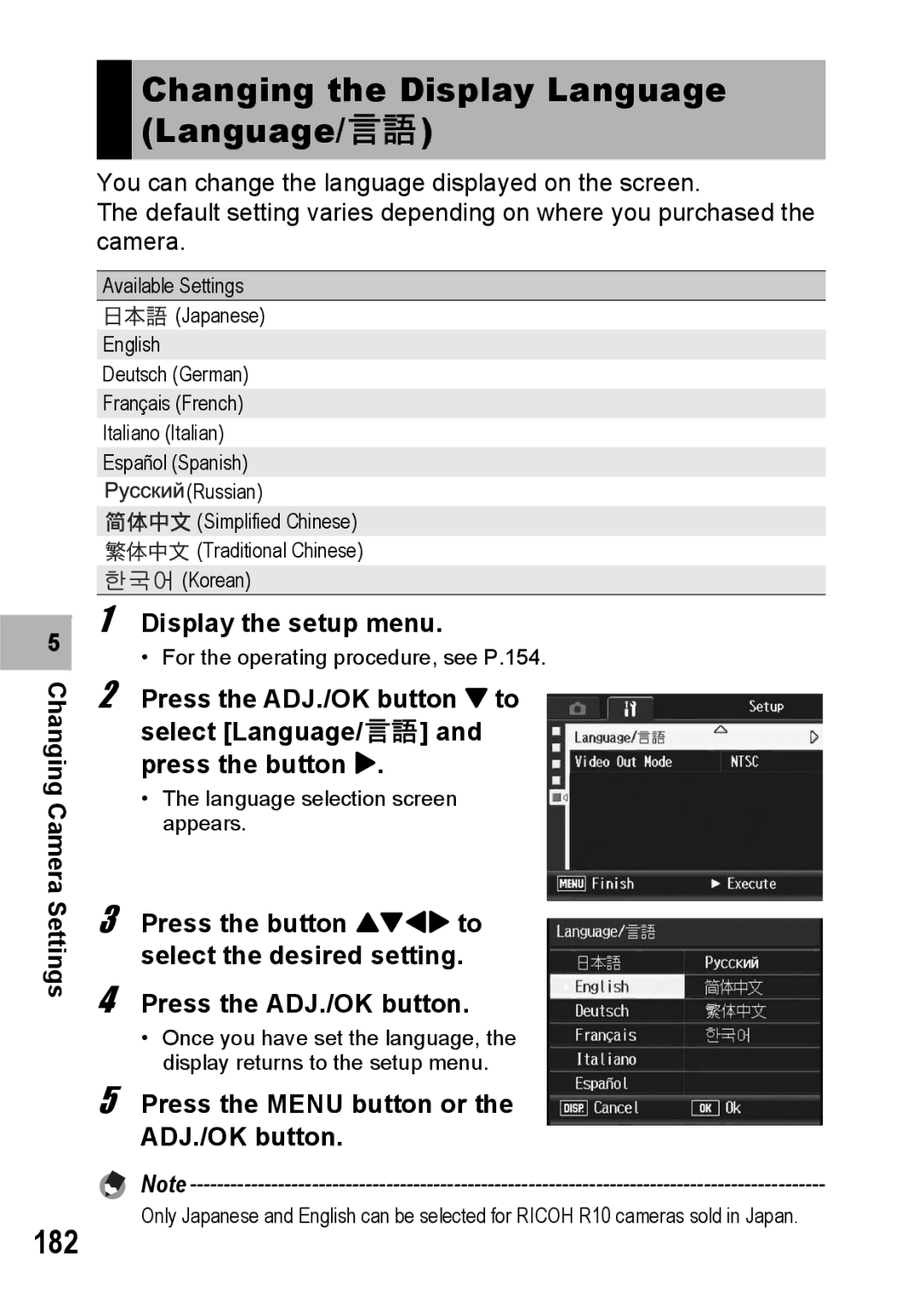 Ricoh R10 manual Changing the Display Language Language/N, 182 