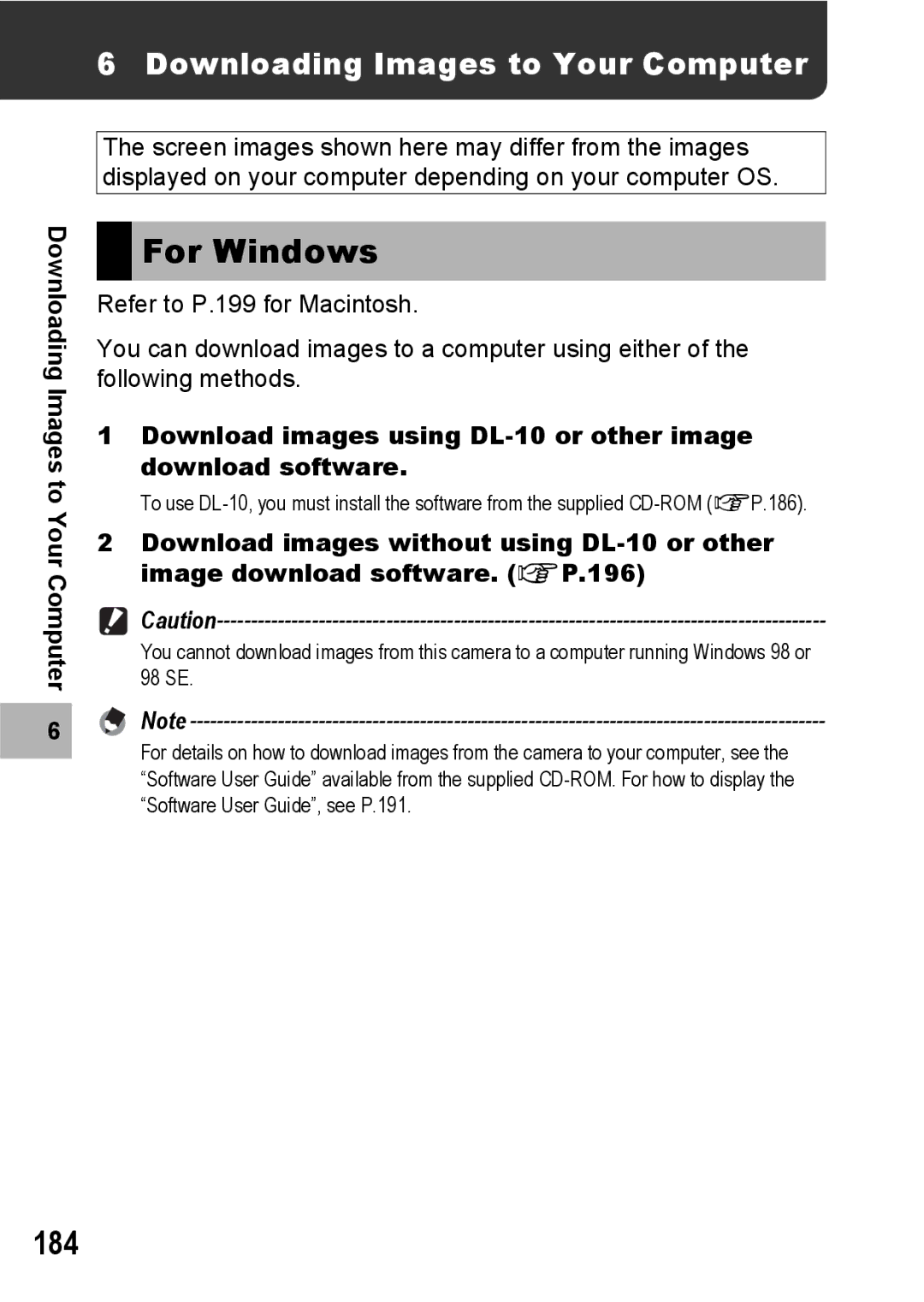 Ricoh R10 manual For Windows, 184, Downloading Images to Your Computer 