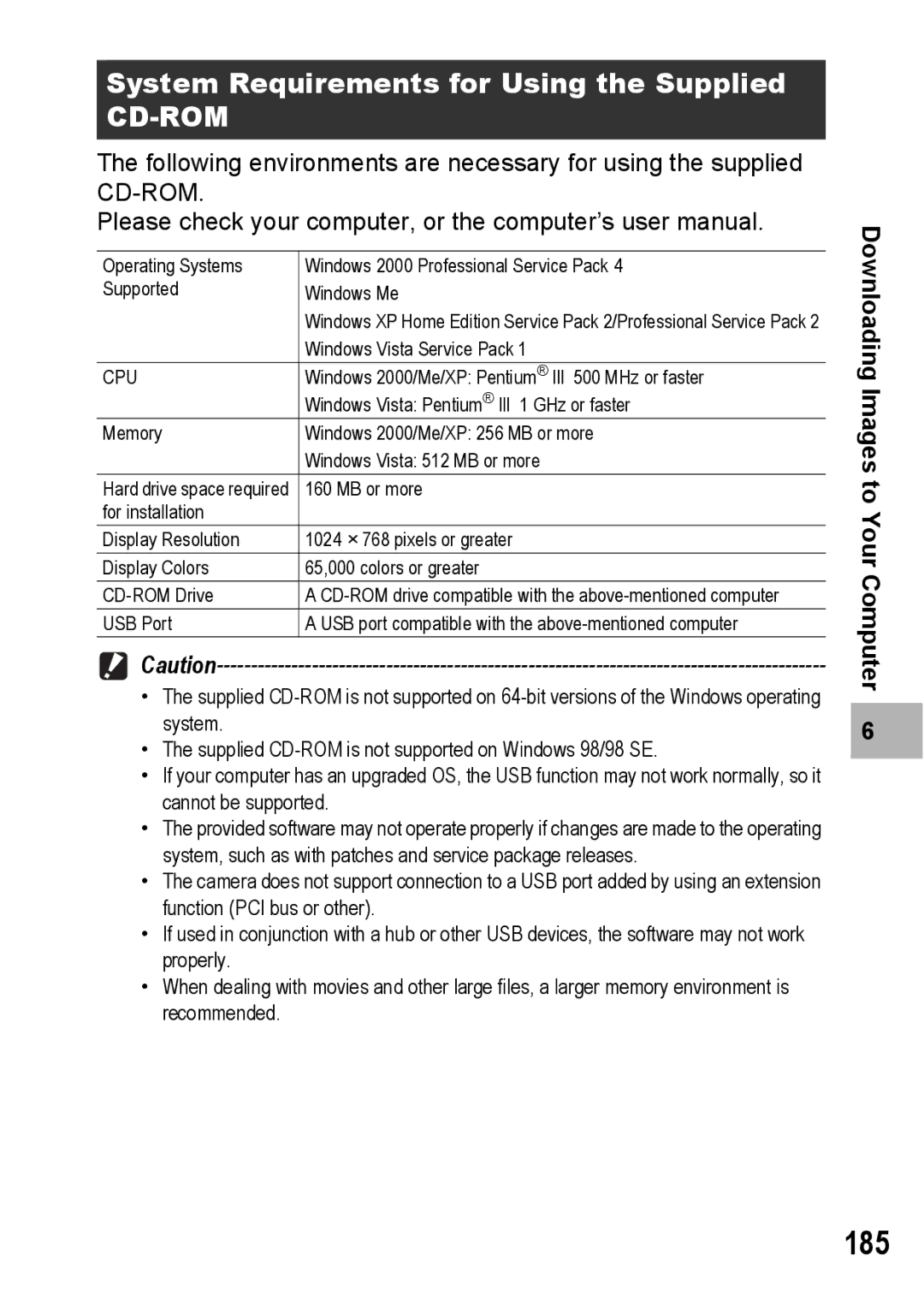 Ricoh R10 manual 185, System Requirements for Using the Supplied 