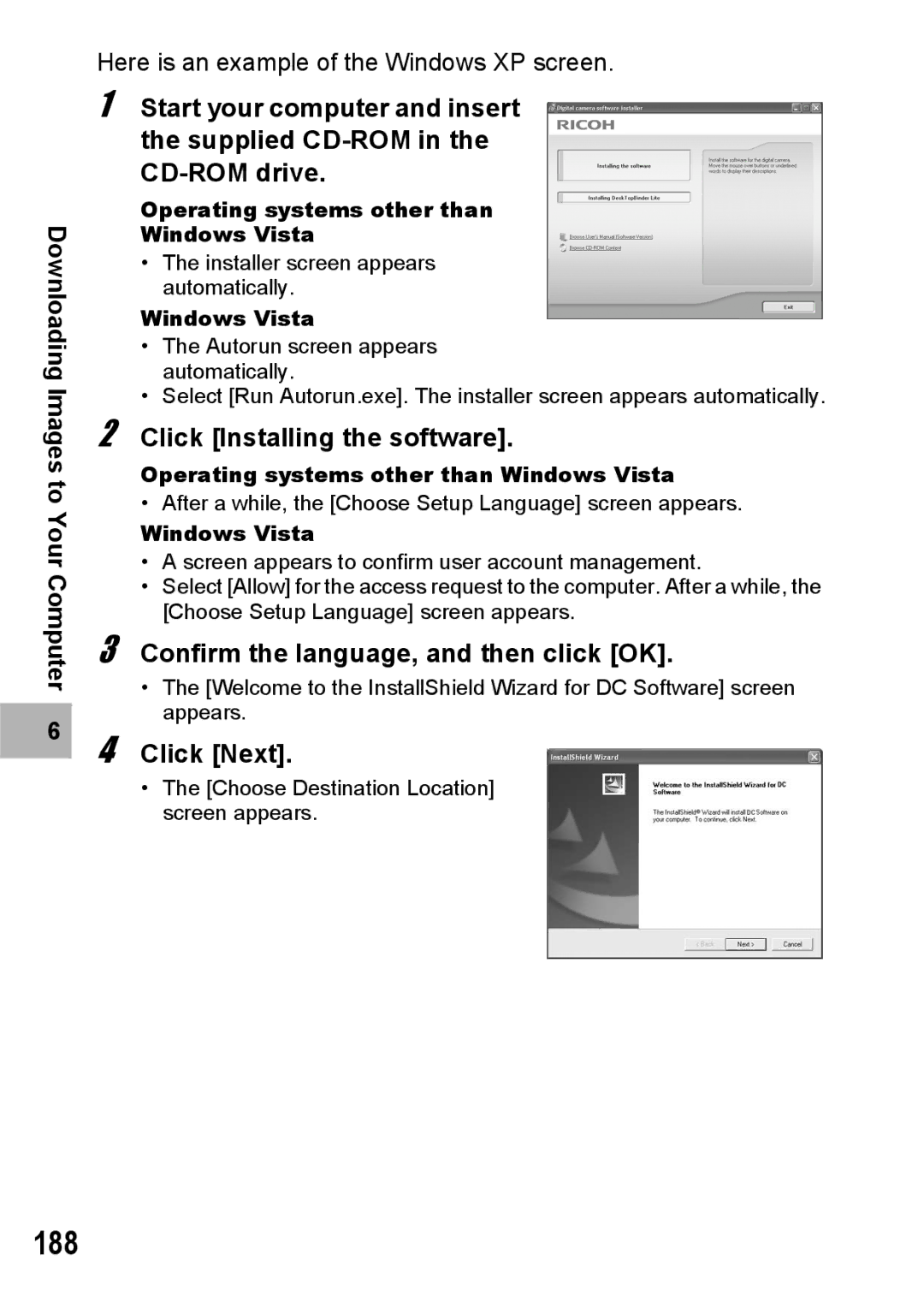 Ricoh R10 manual 188, Click Installing the software, Confirm the language, and then click OK, Click Next 