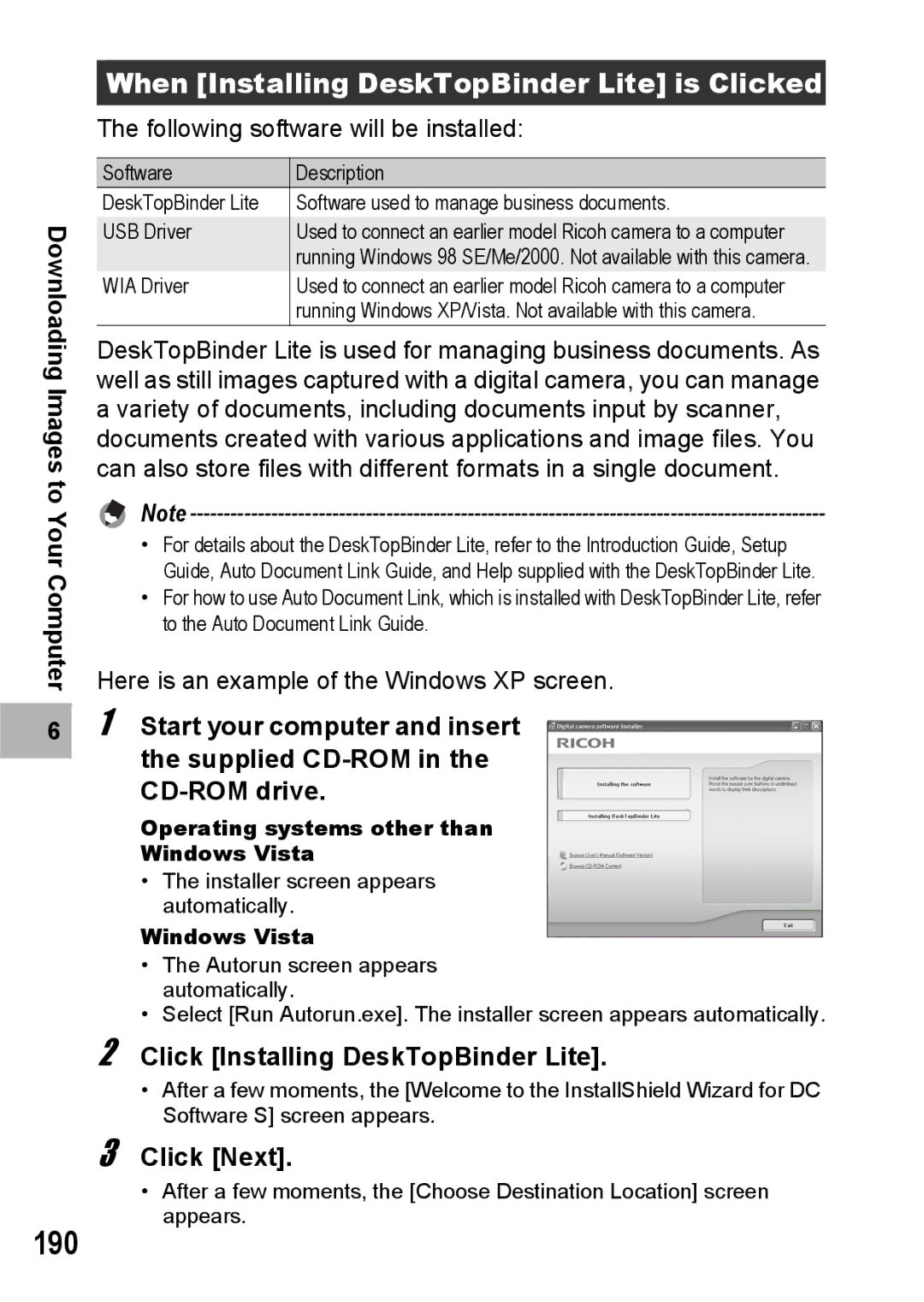 Ricoh R10 manual 190, When Installing DeskTopBinder Lite is Clicked, Click Installing DeskTopBinder Lite 