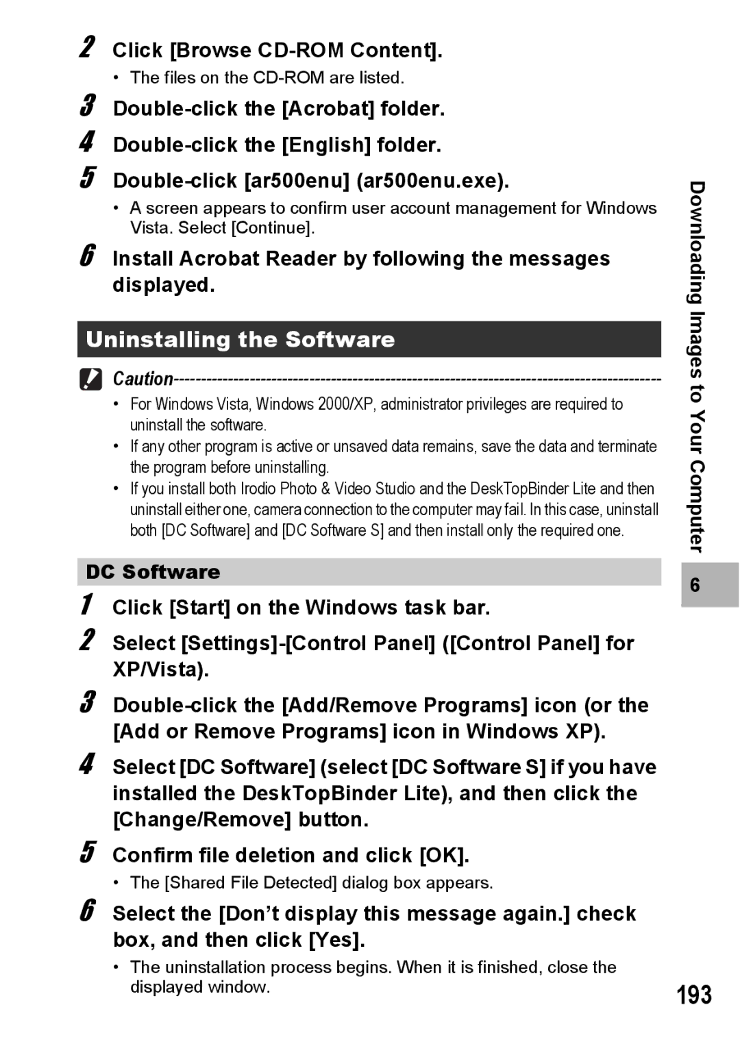 Ricoh R10 manual 193, Uninstalling the Software, Click Browse CD-ROM Content 