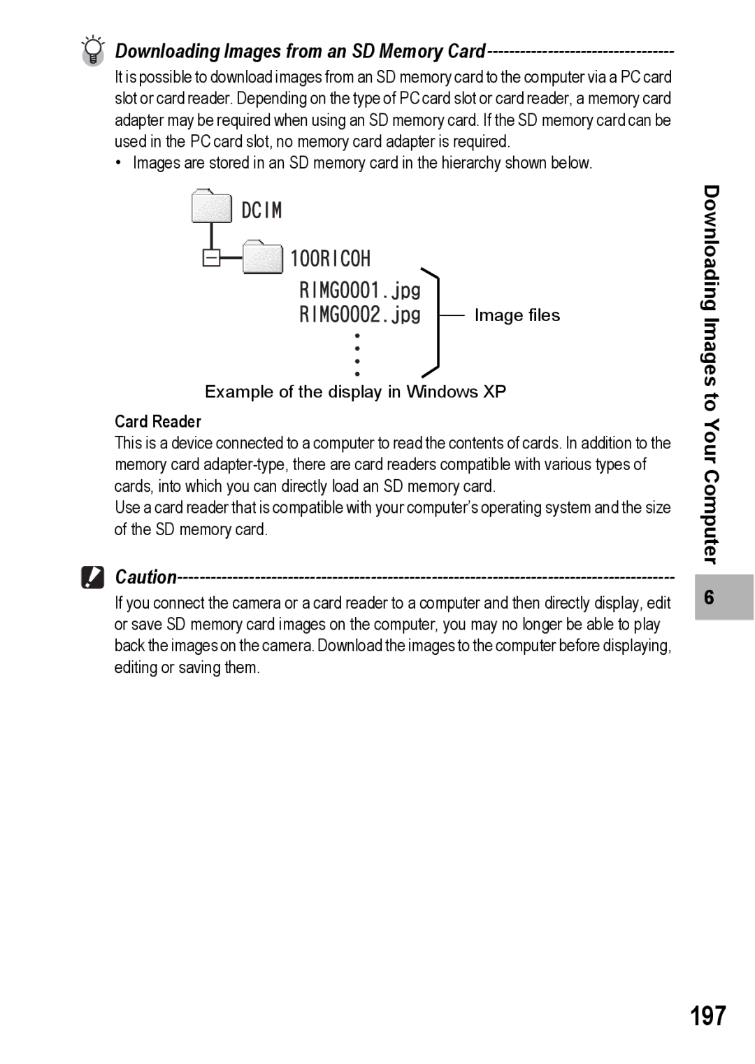 Ricoh R10 manual 197, Downloading Images from an SD Memory Card 