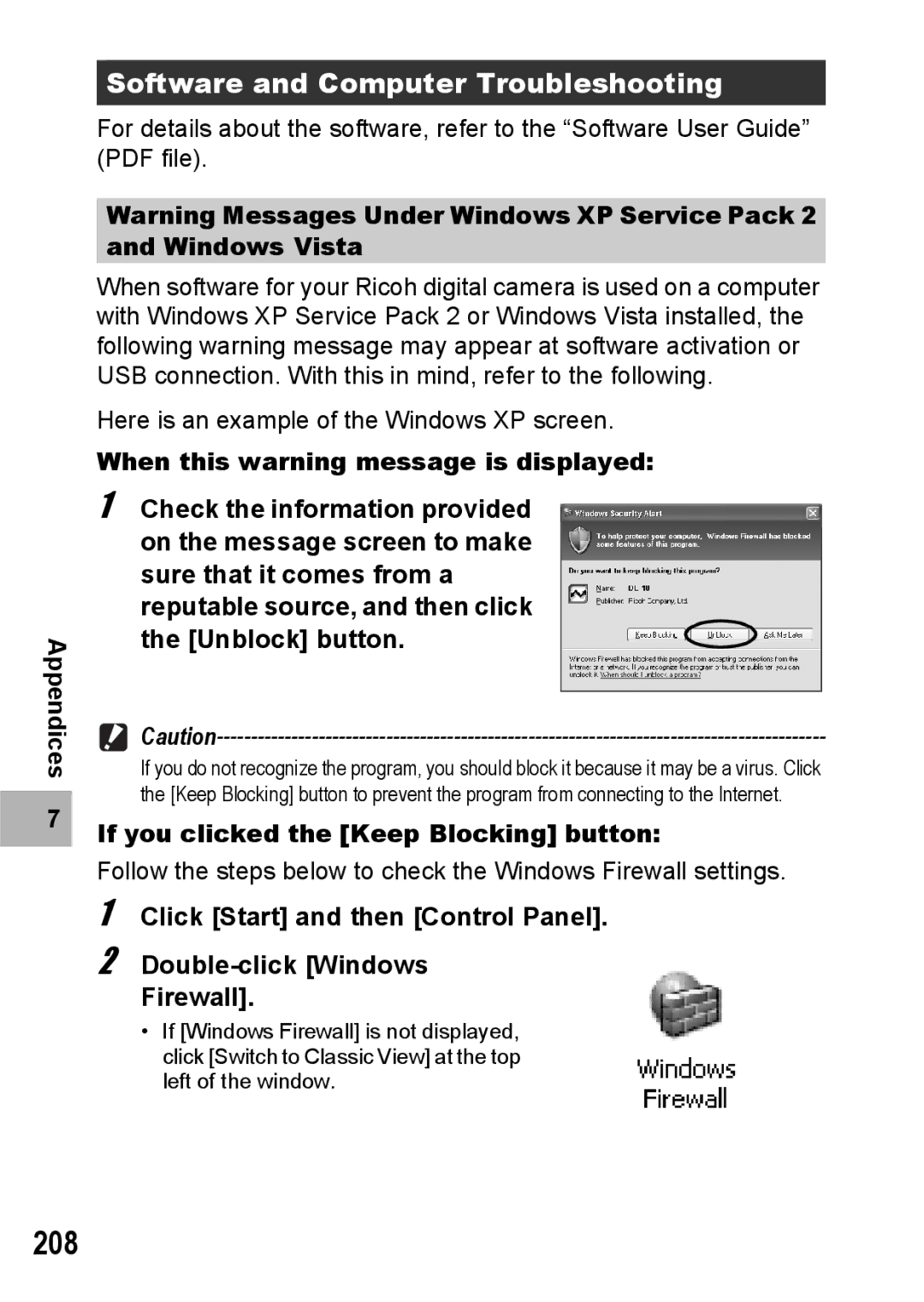 Ricoh R10 manual 208, Software and Computer Troubleshooting, When this warning message is displayed 