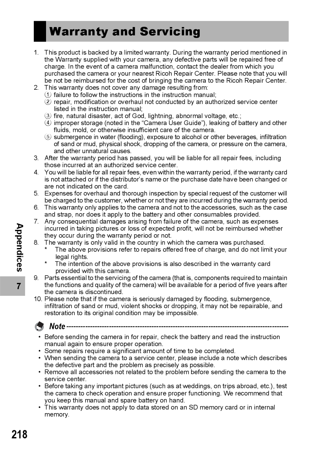 Ricoh R10 manual Warranty and Servicing, 218 