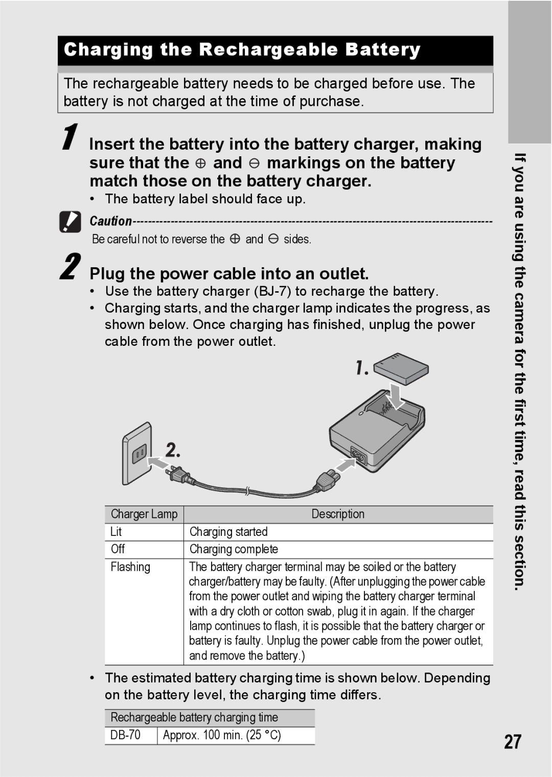 Ricoh R10 manual Charging the Rechargeable Battery, Plug the power cable into an outlet 