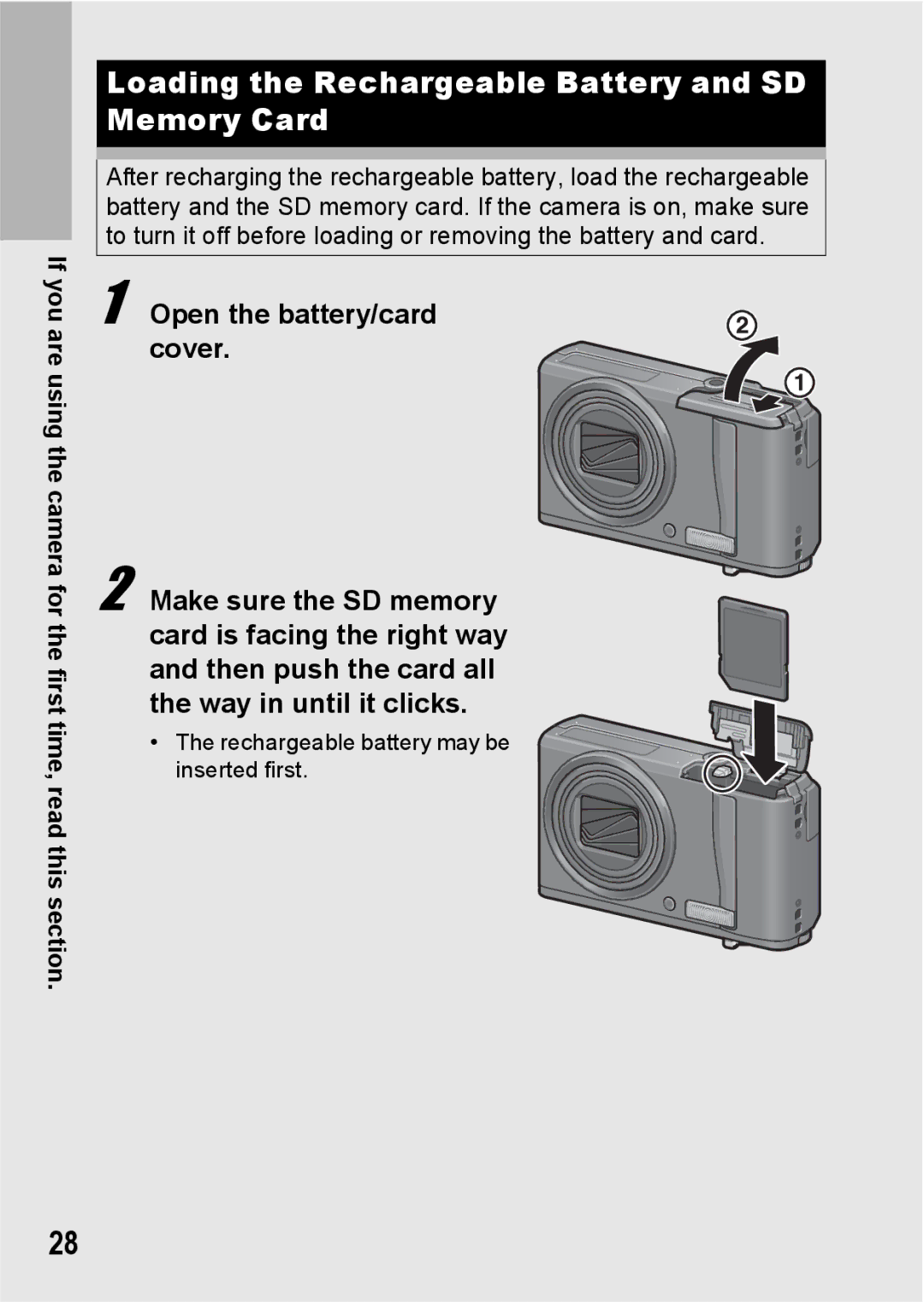 Ricoh R10 manual Loading the Rechargeable Battery and SD Memory Card 