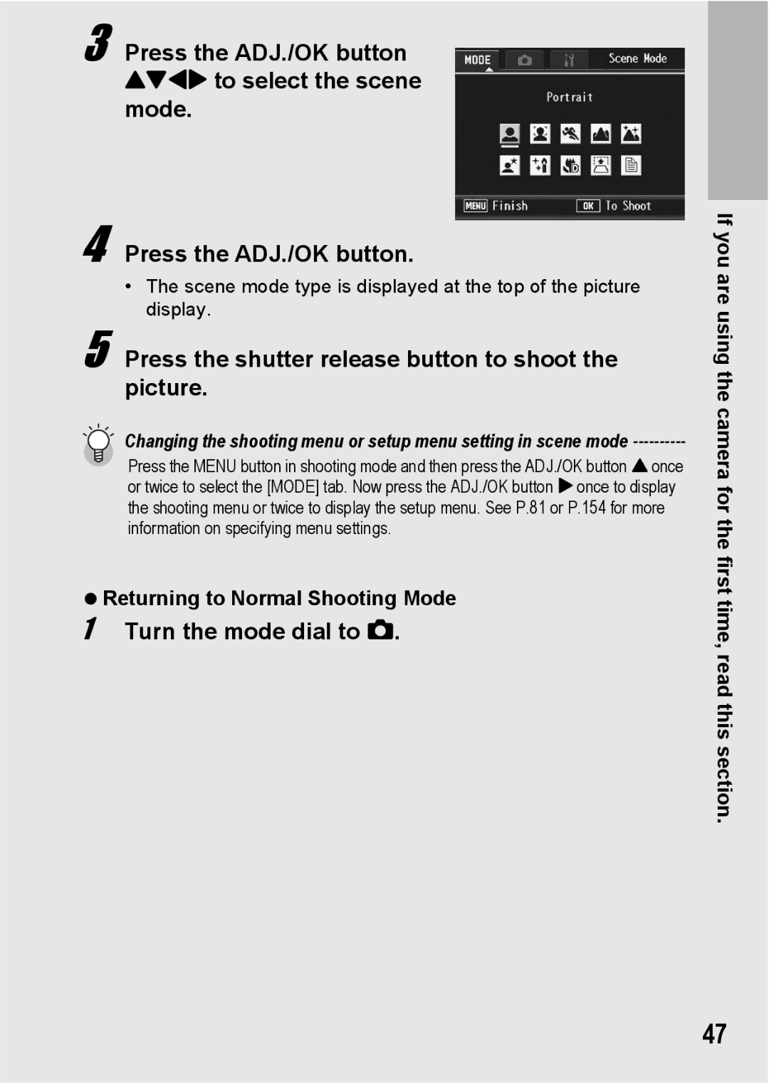 Ricoh R10 manual Press the ADJ./OK button !#$ to select the scene mode, Returning to Normal Shooting Mode 