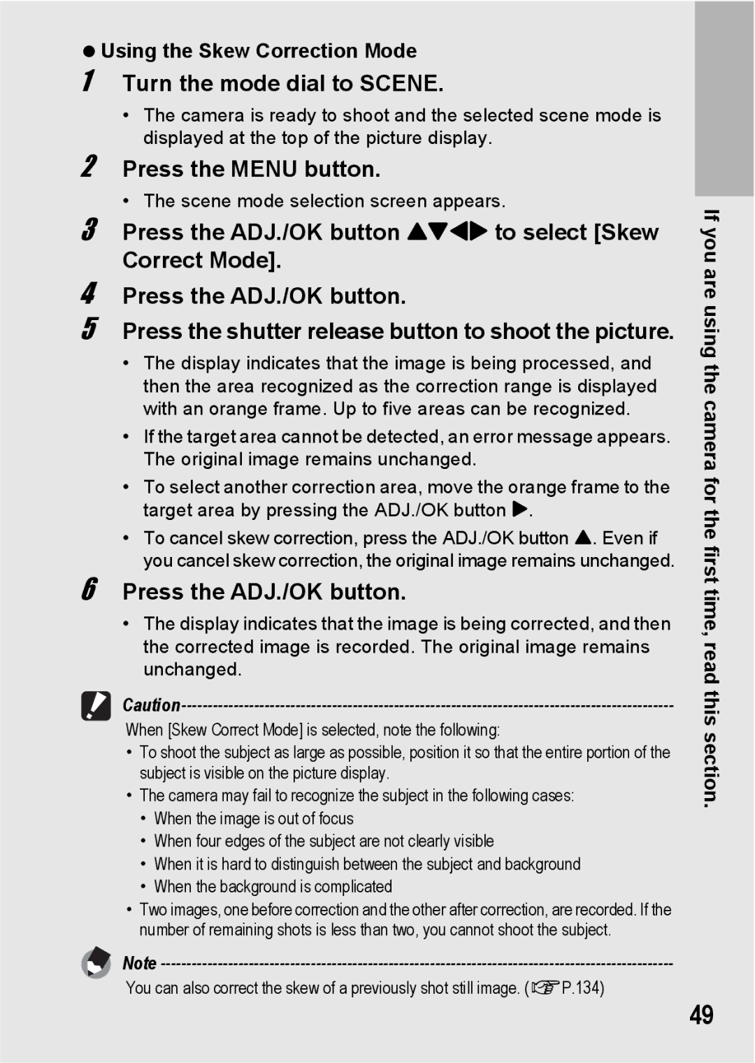 Ricoh R10 manual Press the ADJ./OK button, Using the Skew Correction Mode 