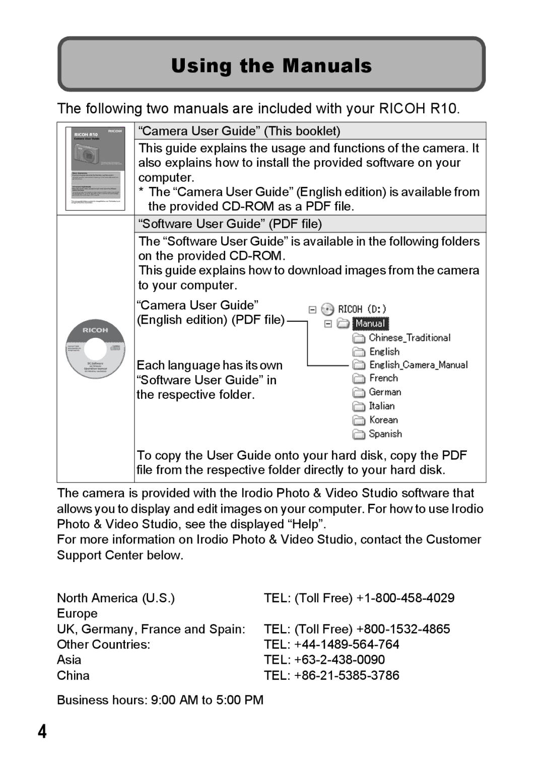 Ricoh Using the Manuals, Following two manuals are included with your Ricoh R10 