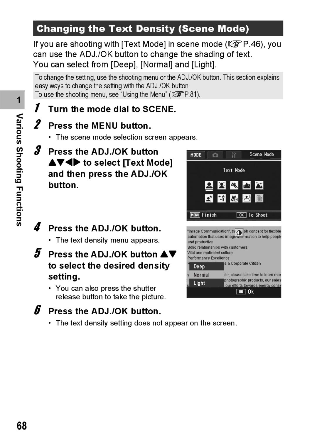 Ricoh R10 manual Changing the Text Density Scene Mode, Turn the mode dial to Scene Press the Menu button 