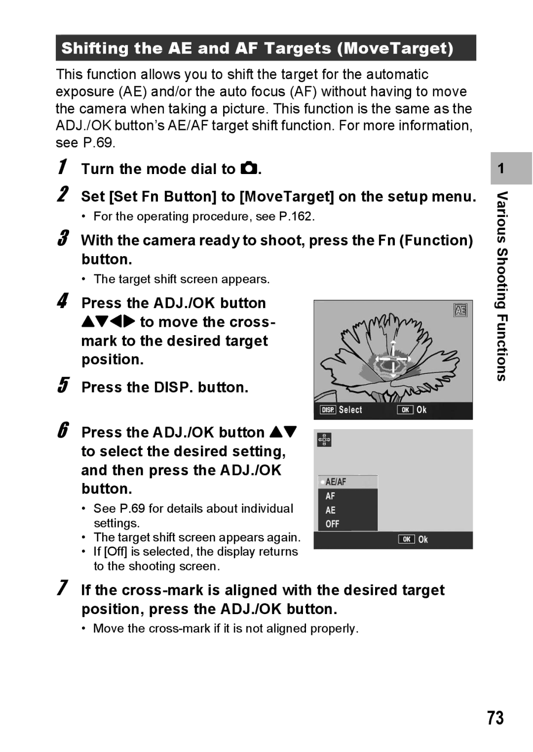 Ricoh R10 manual Shifting the AE and AF Targets MoveTarget, With the camera ready to shoot, press the Fn Function button 