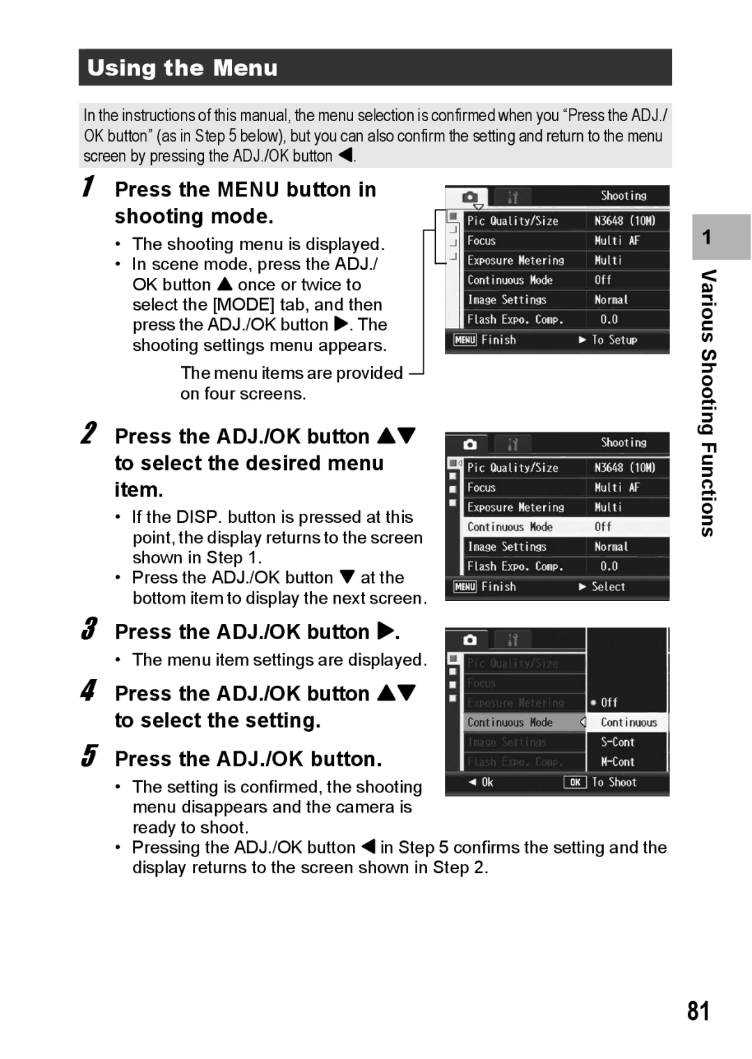 Ricoh R10 Using the Menu, Press the Menu button Shooting mode, Press the ADJ./OK button ! to select the desired menu item 