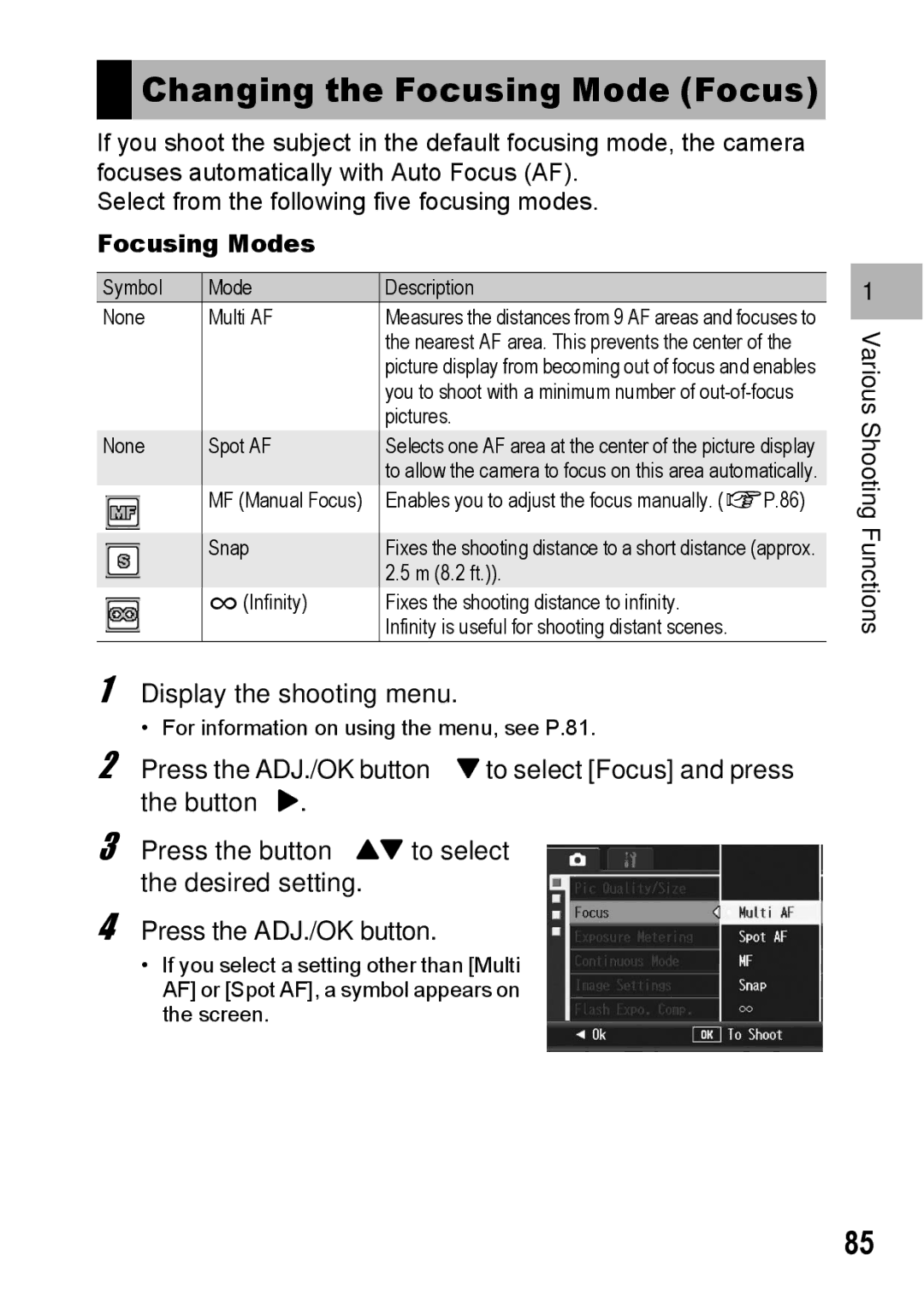 Ricoh R10 manual Changing the Focusing Mode Focus, Focusing Modes 