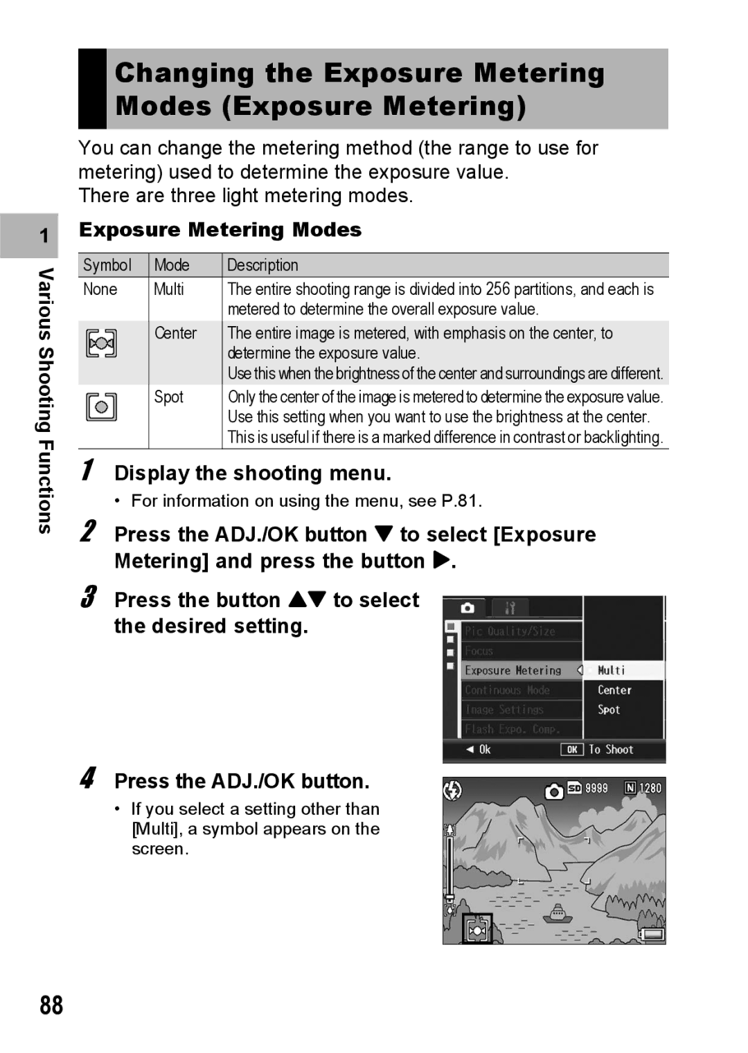 Ricoh R10 manual Changing the Exposure Metering Modes Exposure Metering 