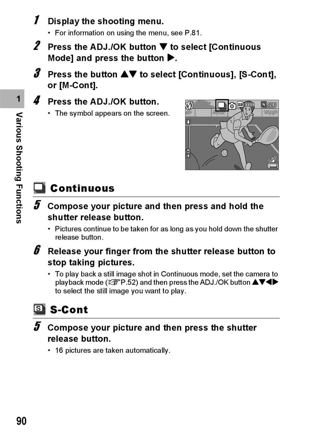 Ricoh R10 manual Continuous, Various Shooting Functions Display the shooting menu 