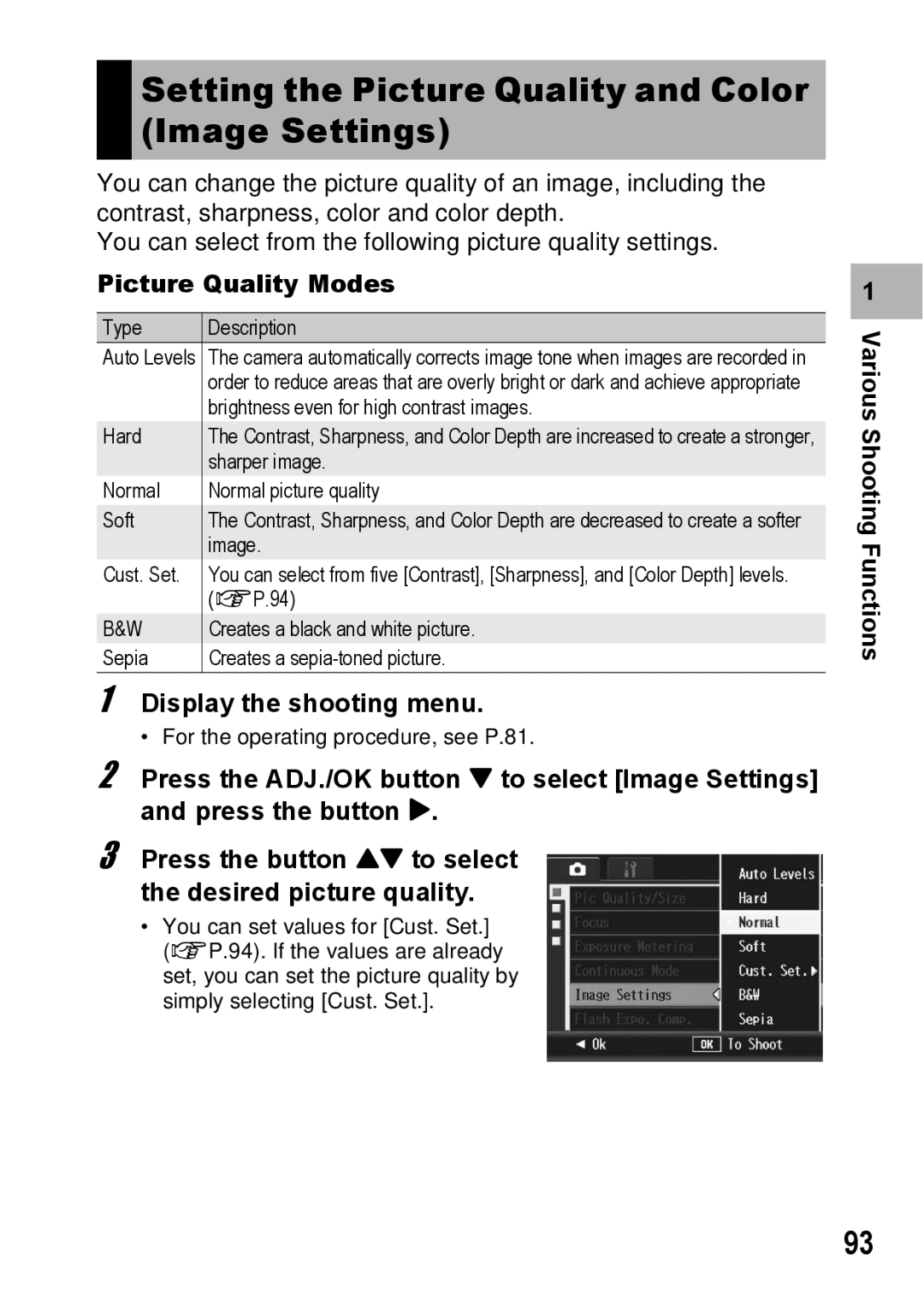 Ricoh R10 manual Setting the Picture Quality and Color Image Settings, Picture Quality Modes 