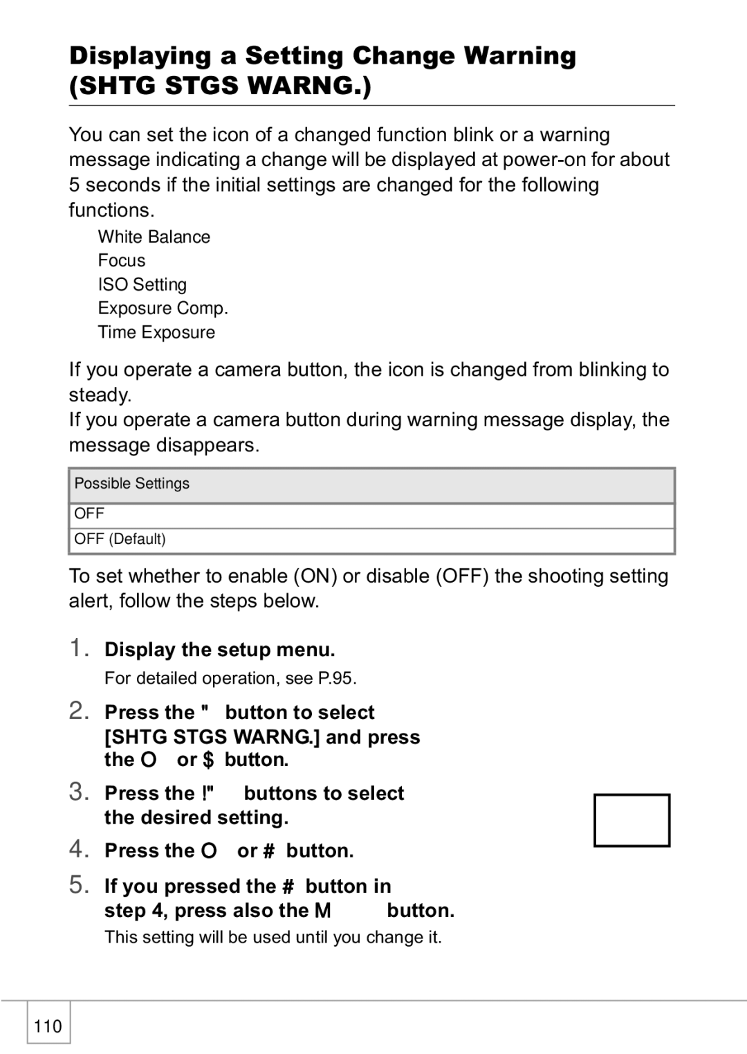 Ricoh R1v manual Displaying a Setting Change Warning, Shtg Stgs Warng 