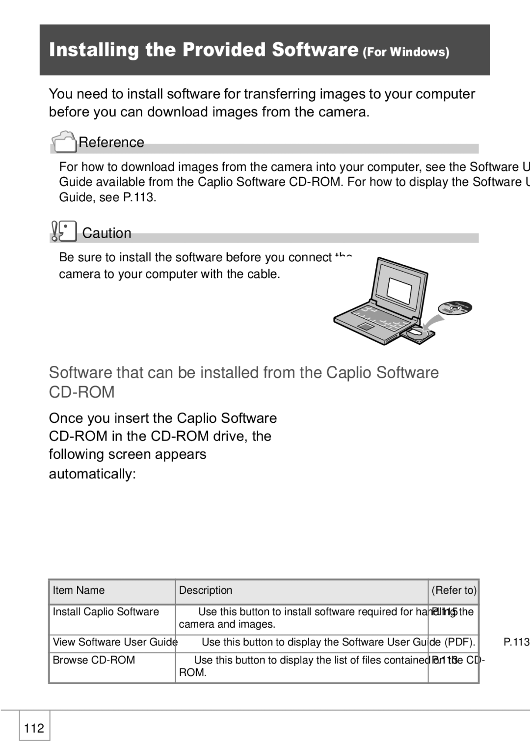 Ricoh R1v manual Installing the Provided Software For Windows, Software that can be installed from the Caplio Software 