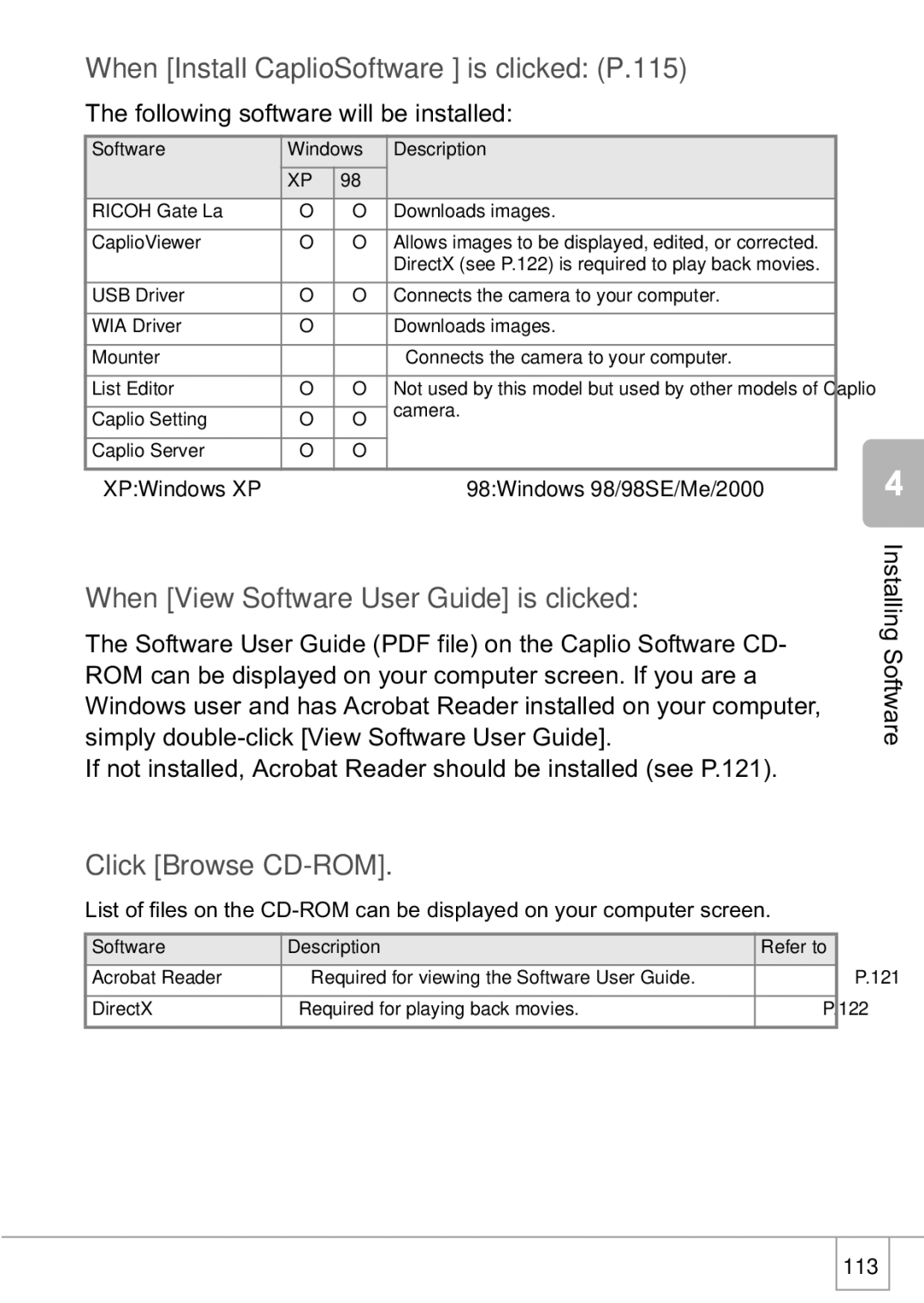 Ricoh R1v When Install CaplioSoftware is clicked P.115, When View Software User Guide is clicked, Click Browse CD-ROM 