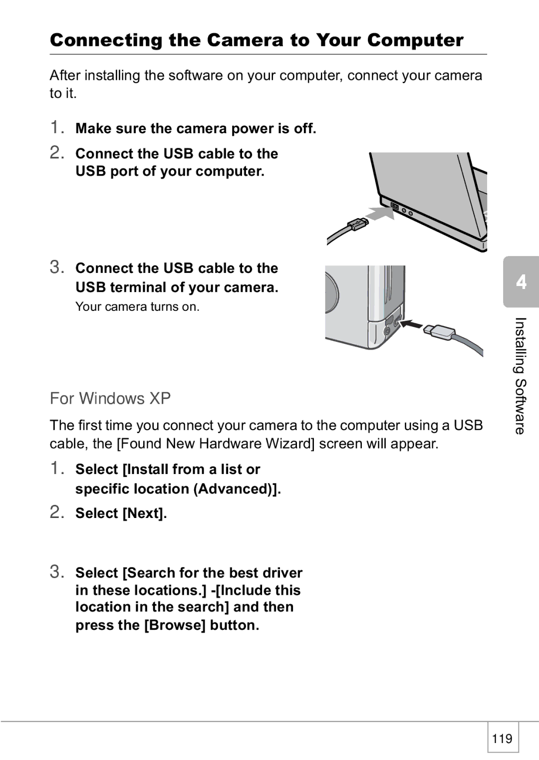 Ricoh R1v manual Connecting the Camera to Your Computer, For Windows XP, Make sure the camera power is off, Select Next 